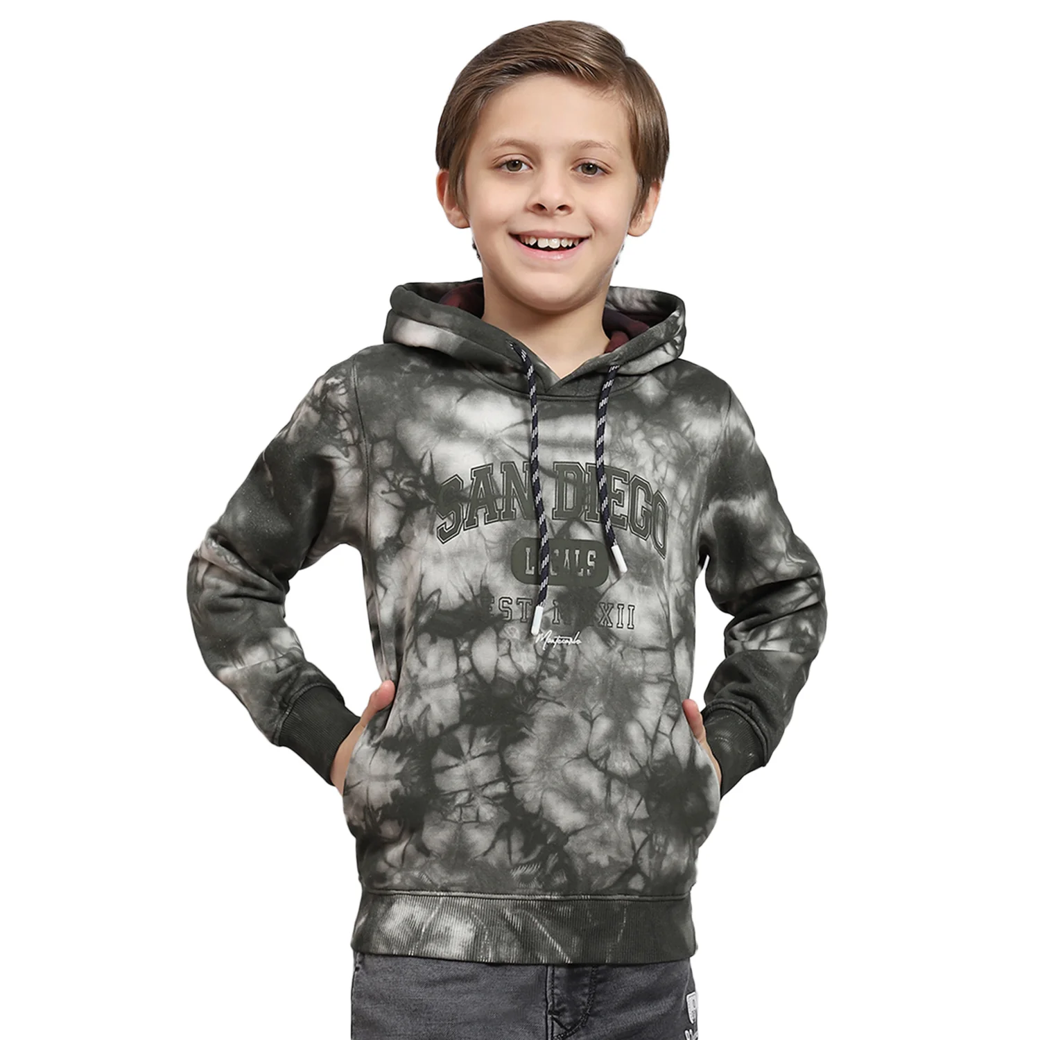 Boys Olive Printed Hooded Full Sleeve Sweatshirt - Image 5