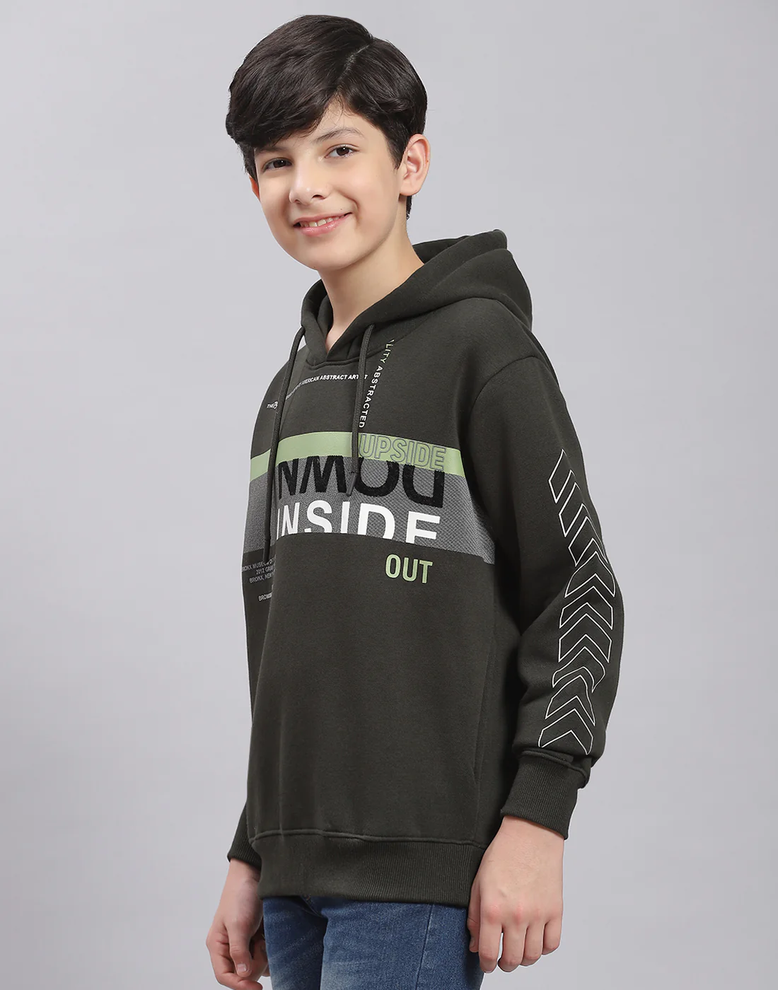 Boys Olive Printed Hooded Full Sleeve Sweatshirt - Image 3
