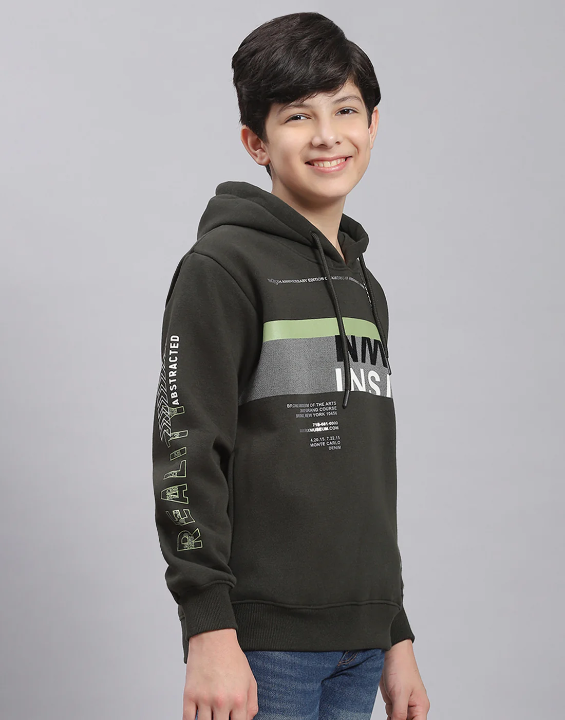 Boys Olive Printed Hooded Full Sleeve Sweatshirt - Image 4