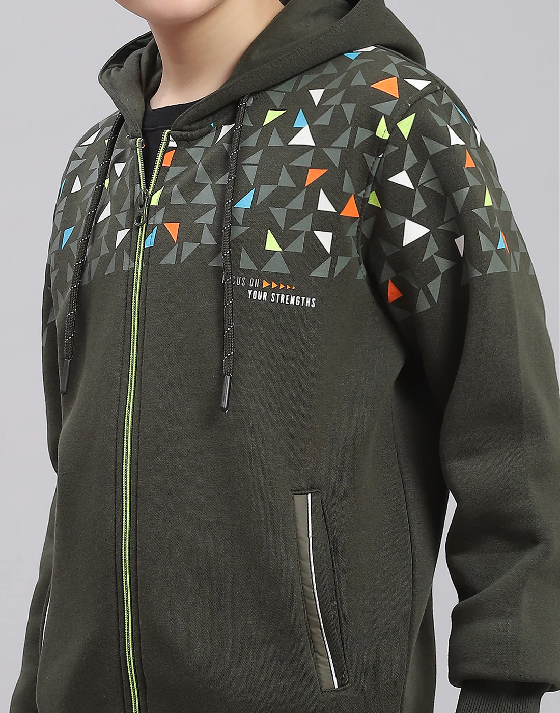 Boys Olive Printed Hooded Full Sleeve Sweatshirt - Image 6