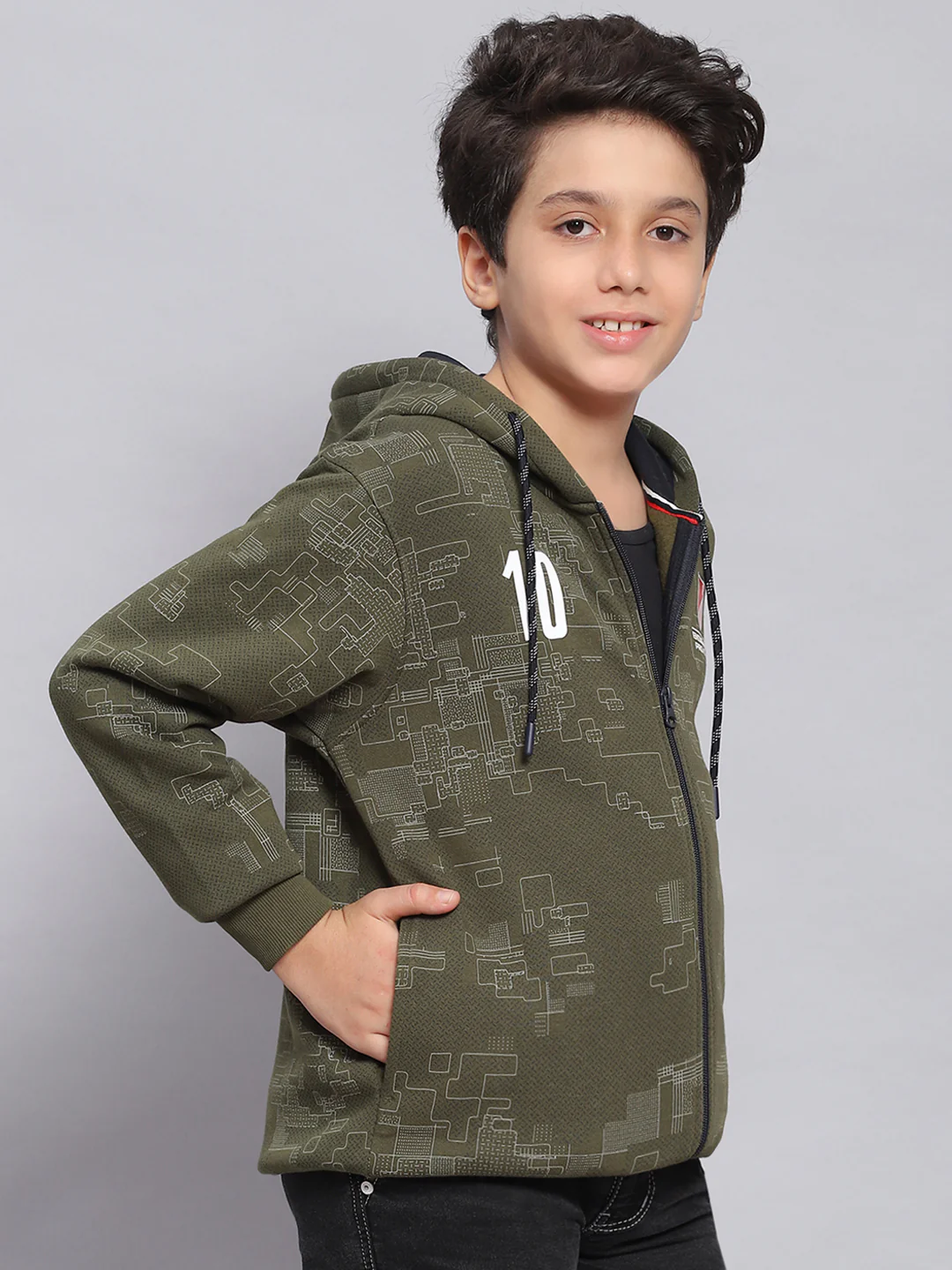 Boys Olive Printed Hooded Full Sleeve Sweatshirt - Image 4