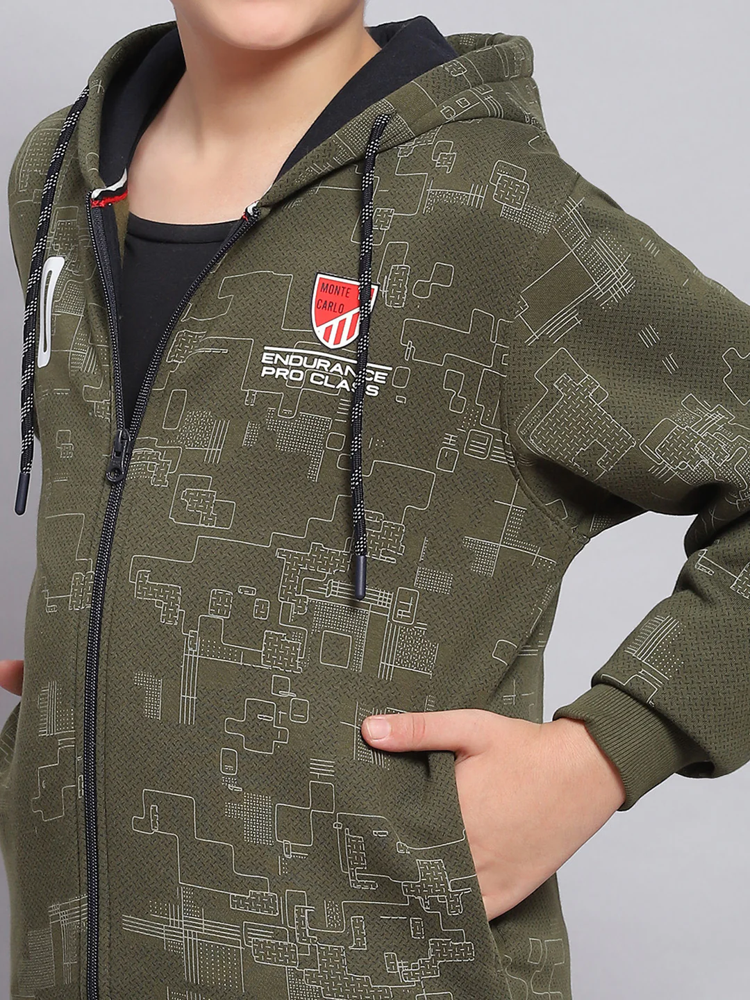 Boys Olive Printed Hooded Full Sleeve Sweatshirt - Image 6