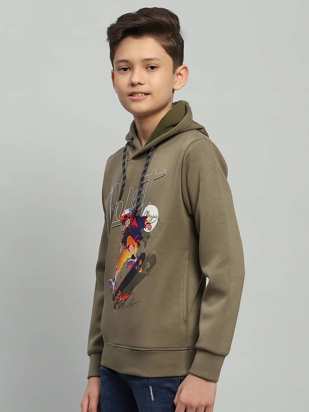 Boys Olive Printed Hooded Full Sleeve Sweatshirt - Image 3
