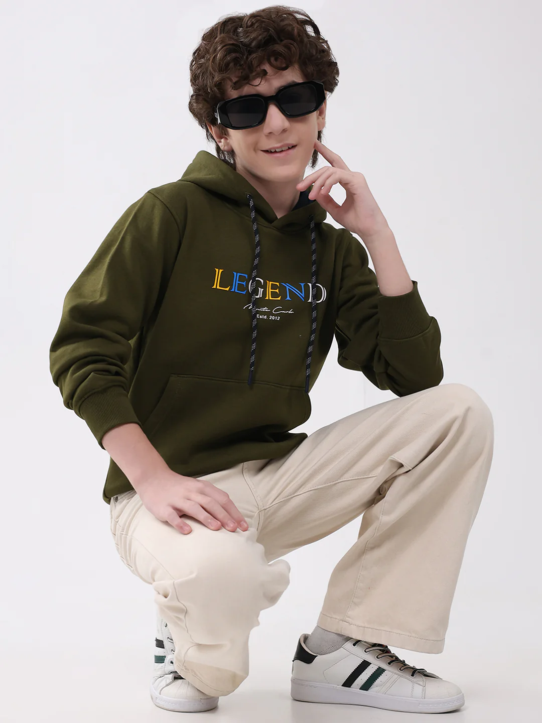 Boys Olive Printed Hooded Full Sleeve Sweatshirt - Image 2