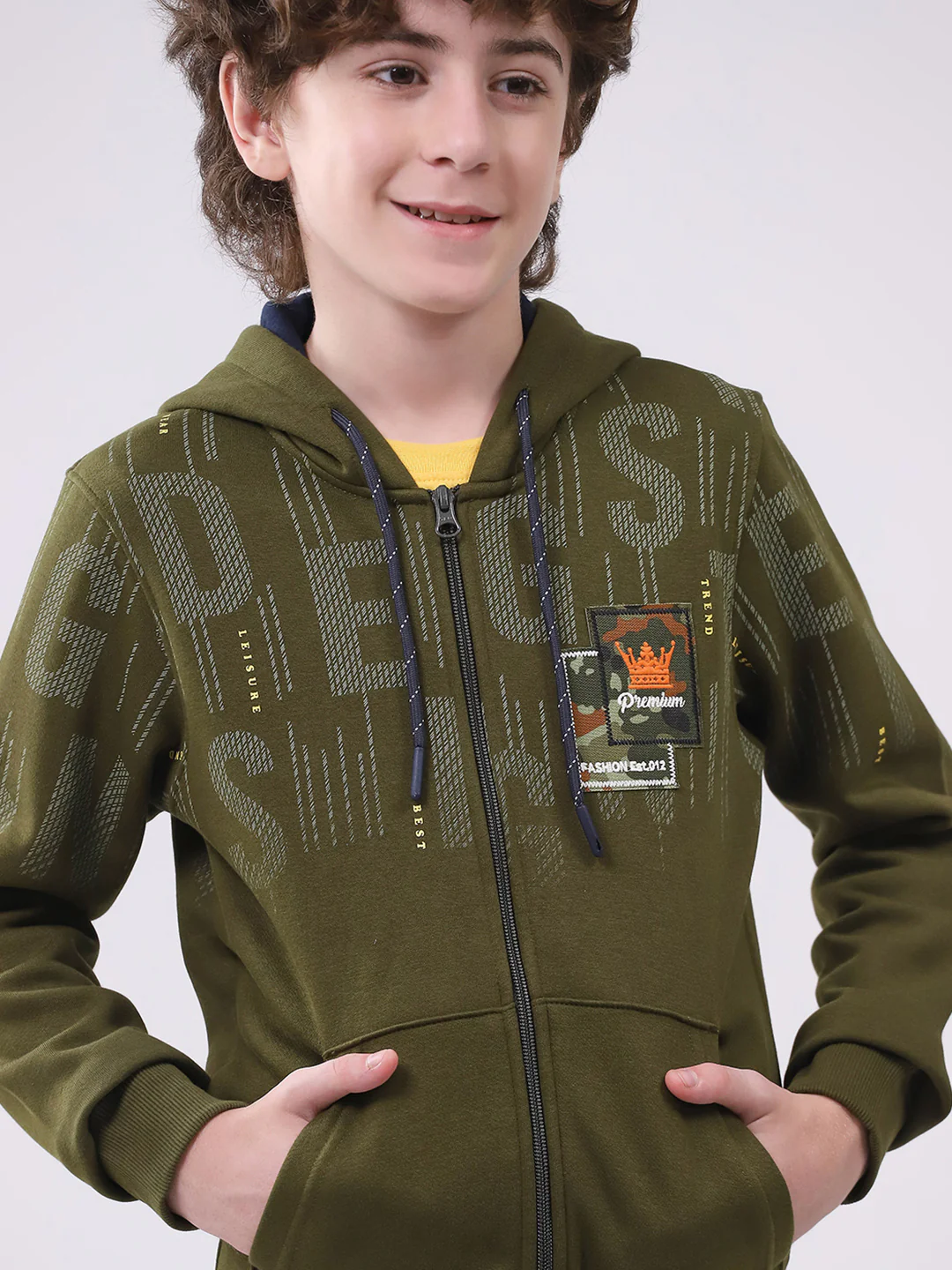 Boys Olive Printed Hooded Full Sleeve Sweatshirt - Image 6