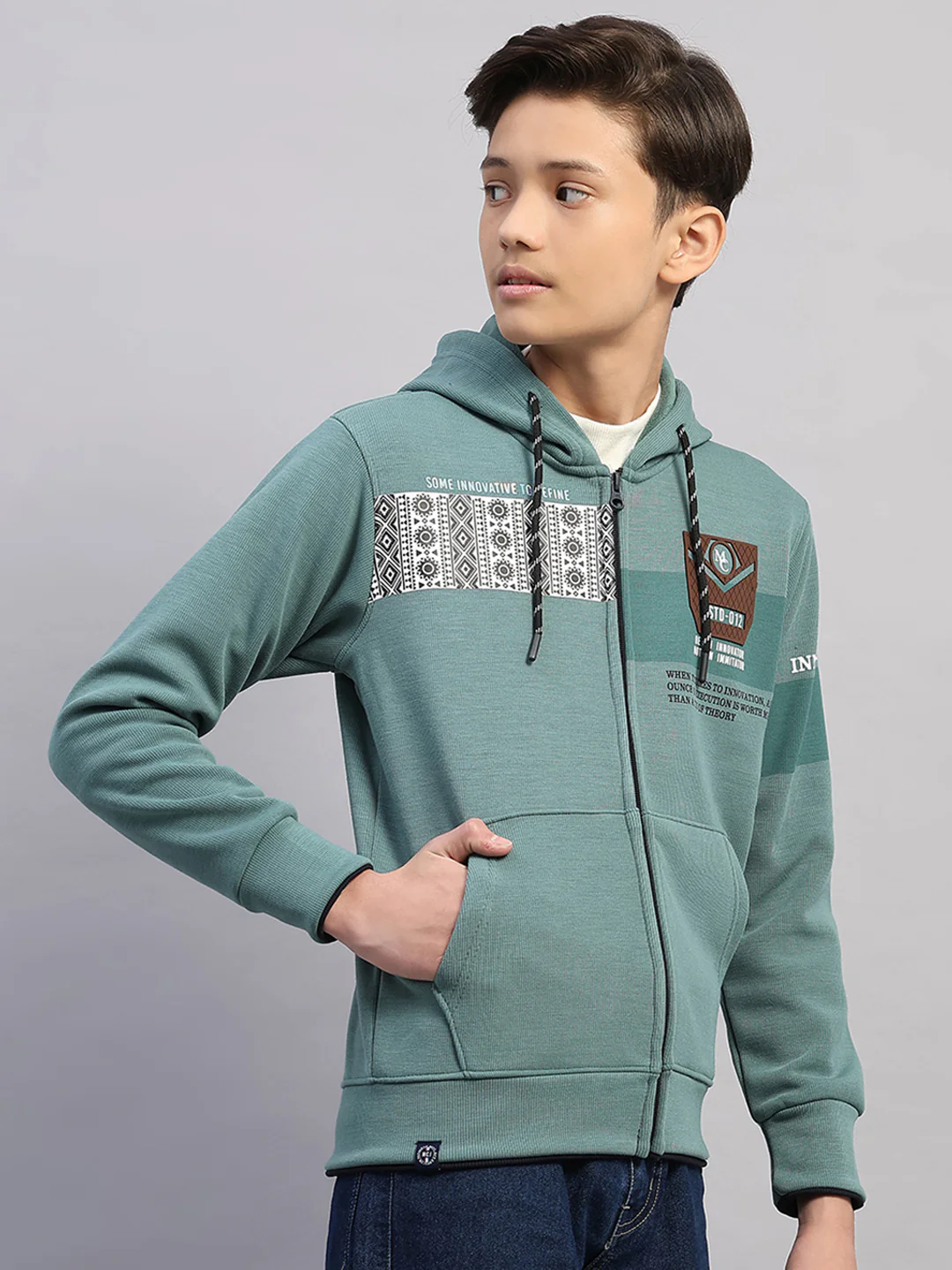 Boys Olive Printed Hooded Full Sleeve Sweatshirt - Image 4