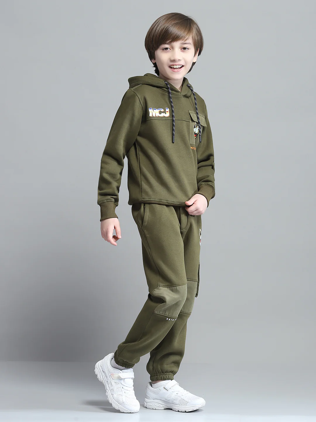 Boys Olive Printed Hooded Full Sleeve Tracksuit - Image 4