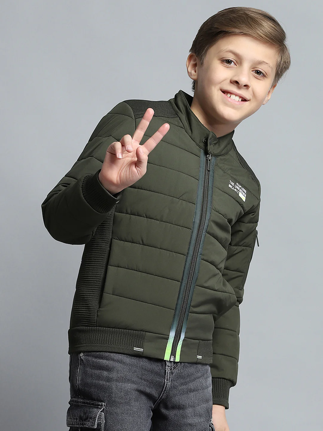 Boys Olive Printed Mock Neck Full Sleeve Jacket - Image 4