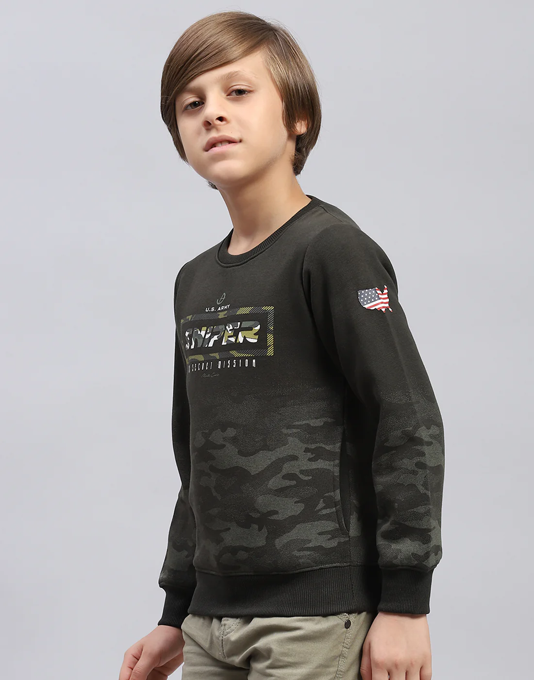 Boys Olive Printed Round Neck Full Sleeve Sweatshirt - Image 3