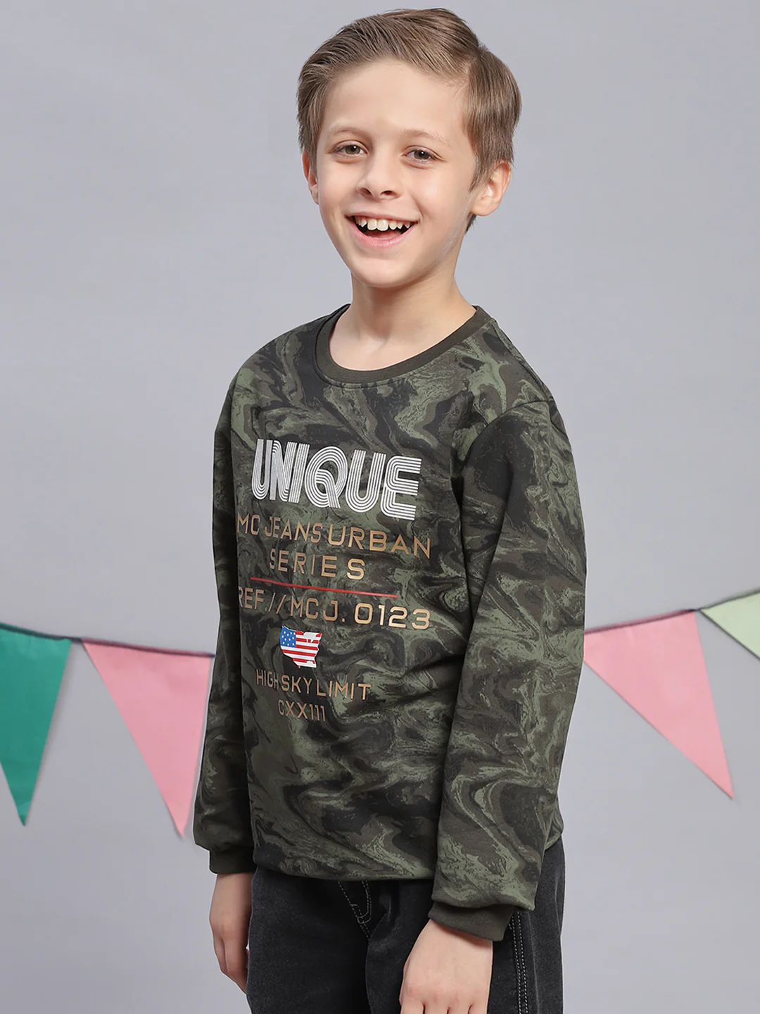 Boys Olive Printed Round Neck Full Sleeve Sweatshirt - Image 3