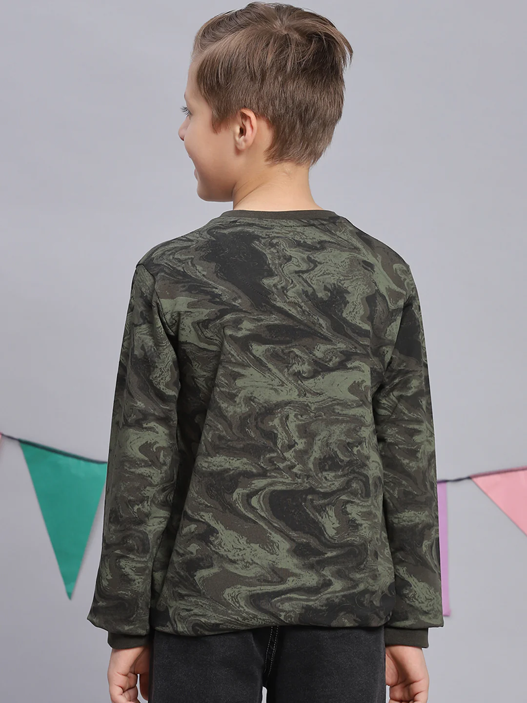 Boys Olive Printed Round Neck Full Sleeve Sweatshirt - Image 5