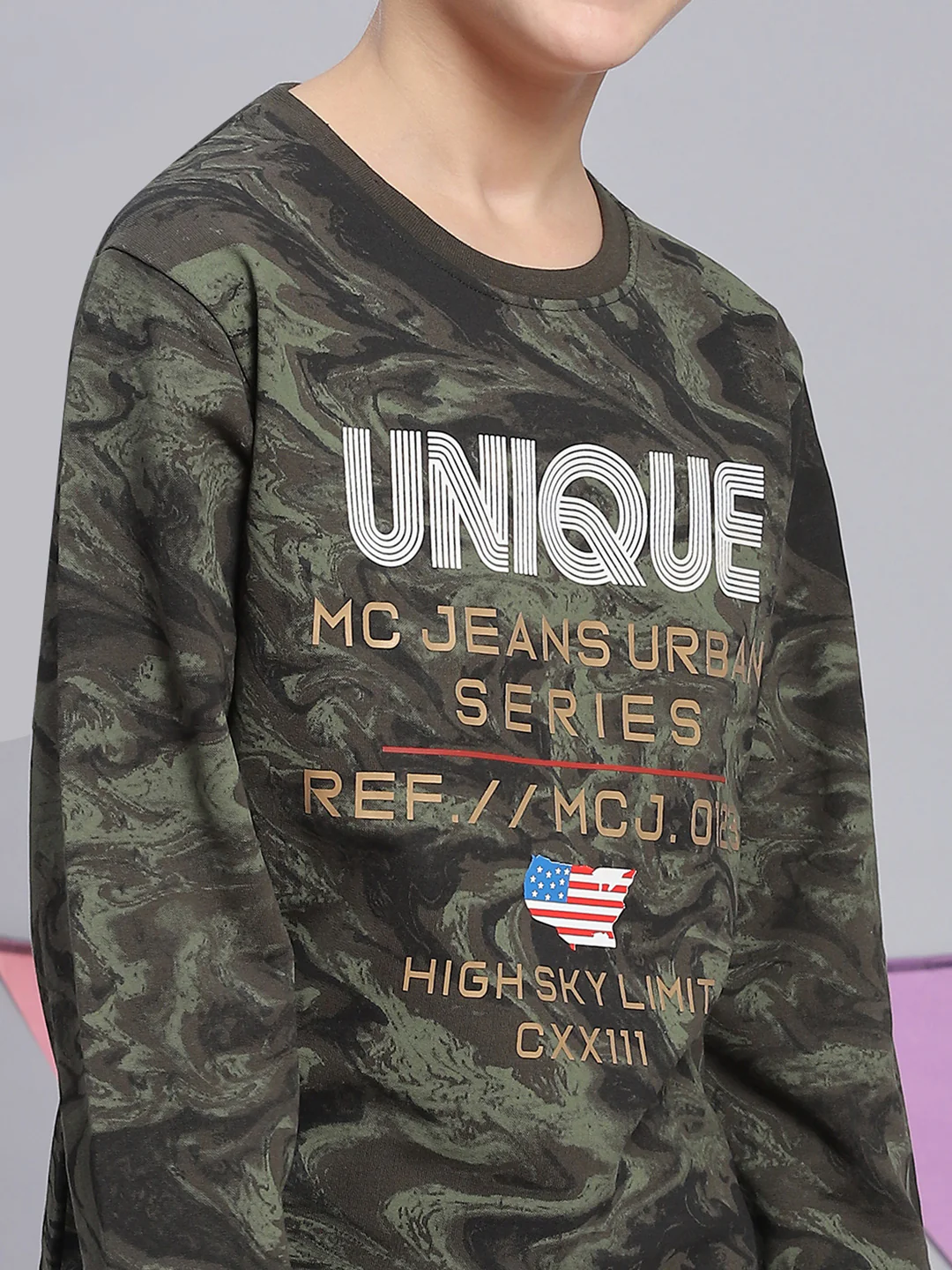 Boys Olive Printed Round Neck Full Sleeve Sweatshirt - Image 6