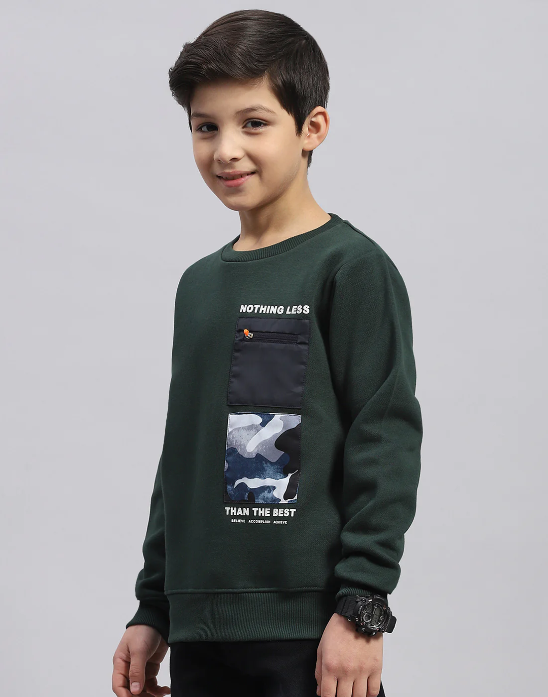 Boys Olive Printed Round Neck Full Sleeve Sweatshirt - Image 3