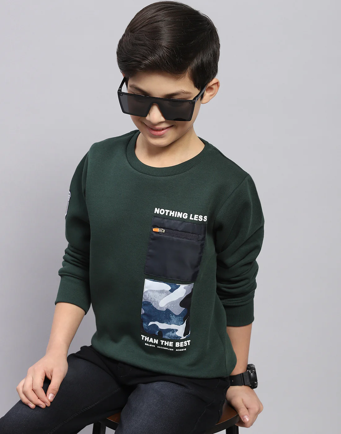 Boys Olive Printed Round Neck Full Sleeve Sweatshirt - Image 6