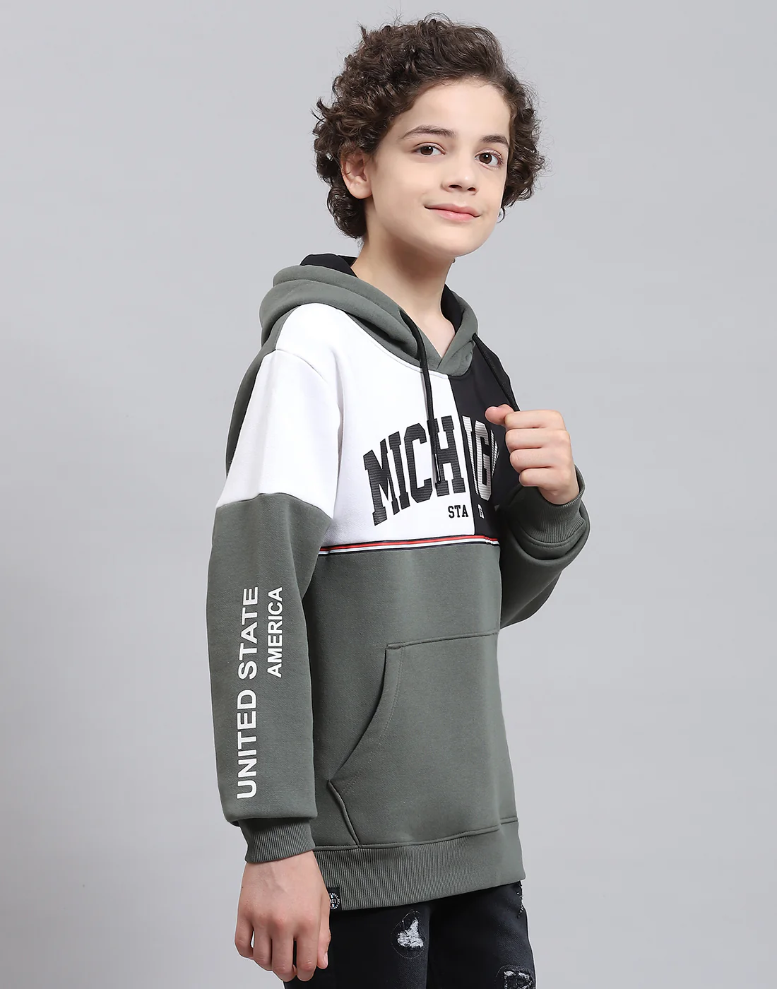 Boys Olive Printed Round Neck Full Sleeve Sweatshirt - Image 4