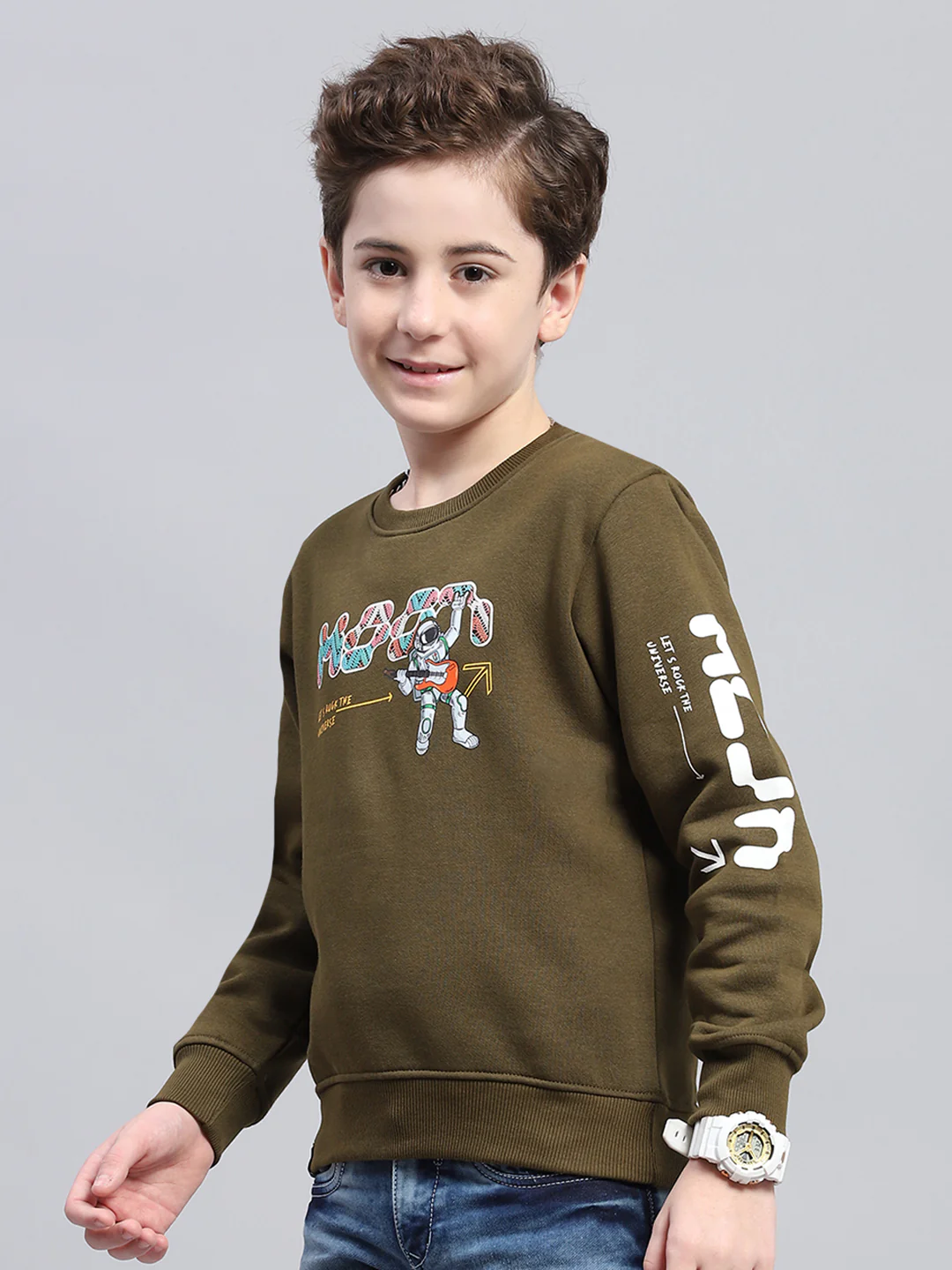 Boys Olive Printed Round Neck Full Sleeve Sweatshirt - Image 3