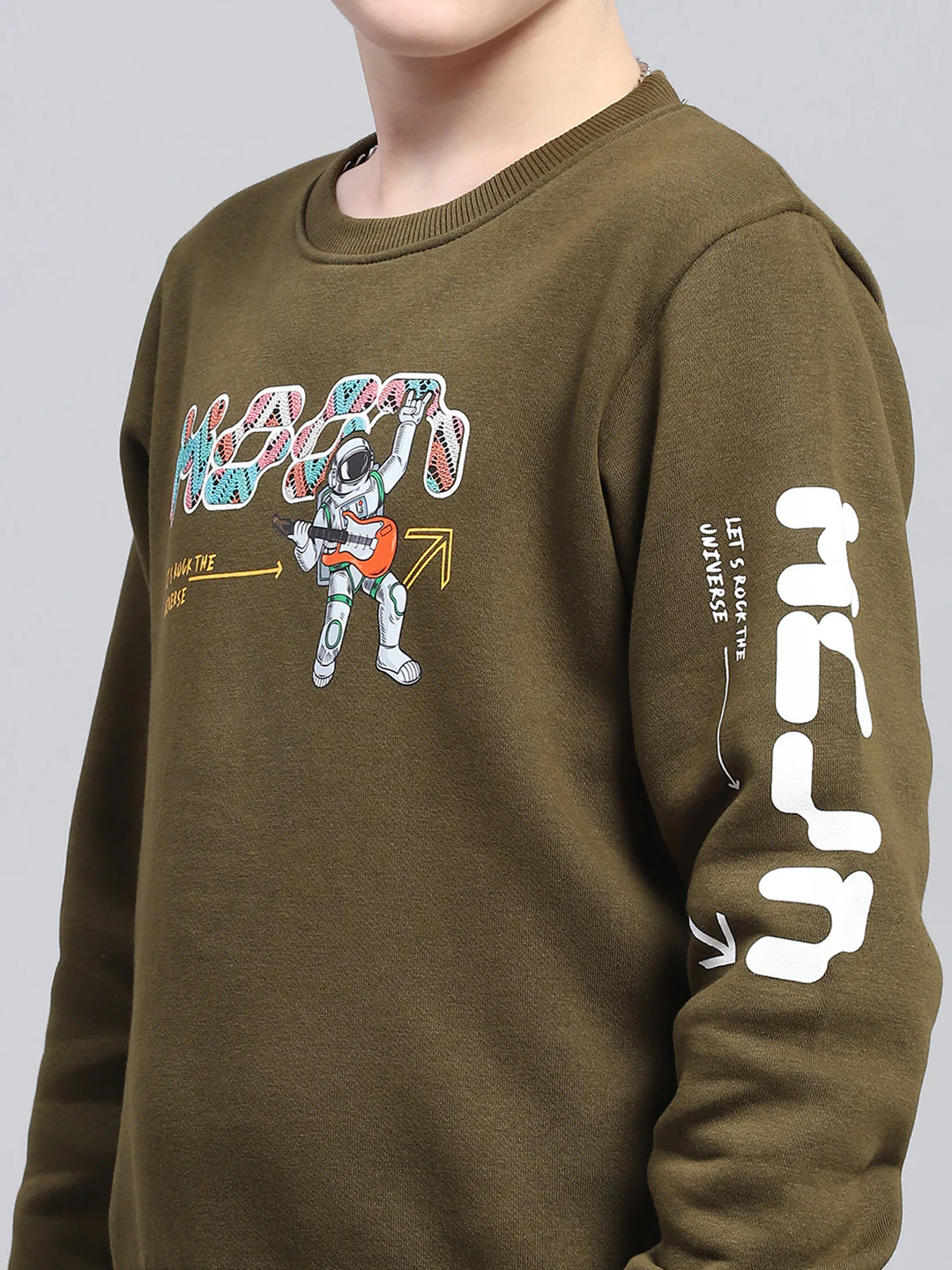 Boys Olive Printed Round Neck Full Sleeve Sweatshirt - Image 6