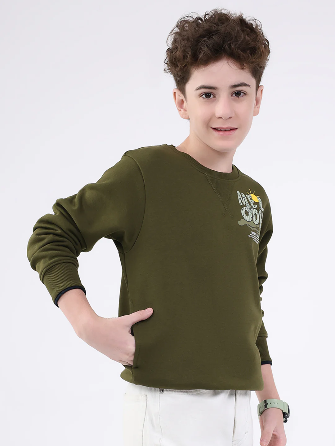 Boys Olive Printed Round Neck Full Sleeve Sweatshirt - Image 4