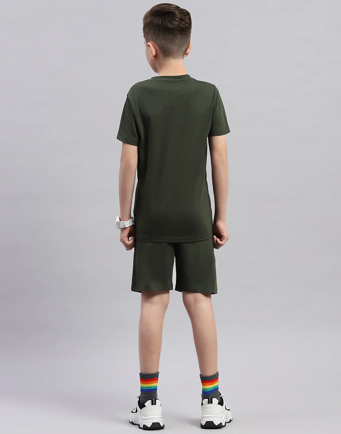 Boys Olive Printed Round Neck Half Sleeve Bermuda Set - Image 5