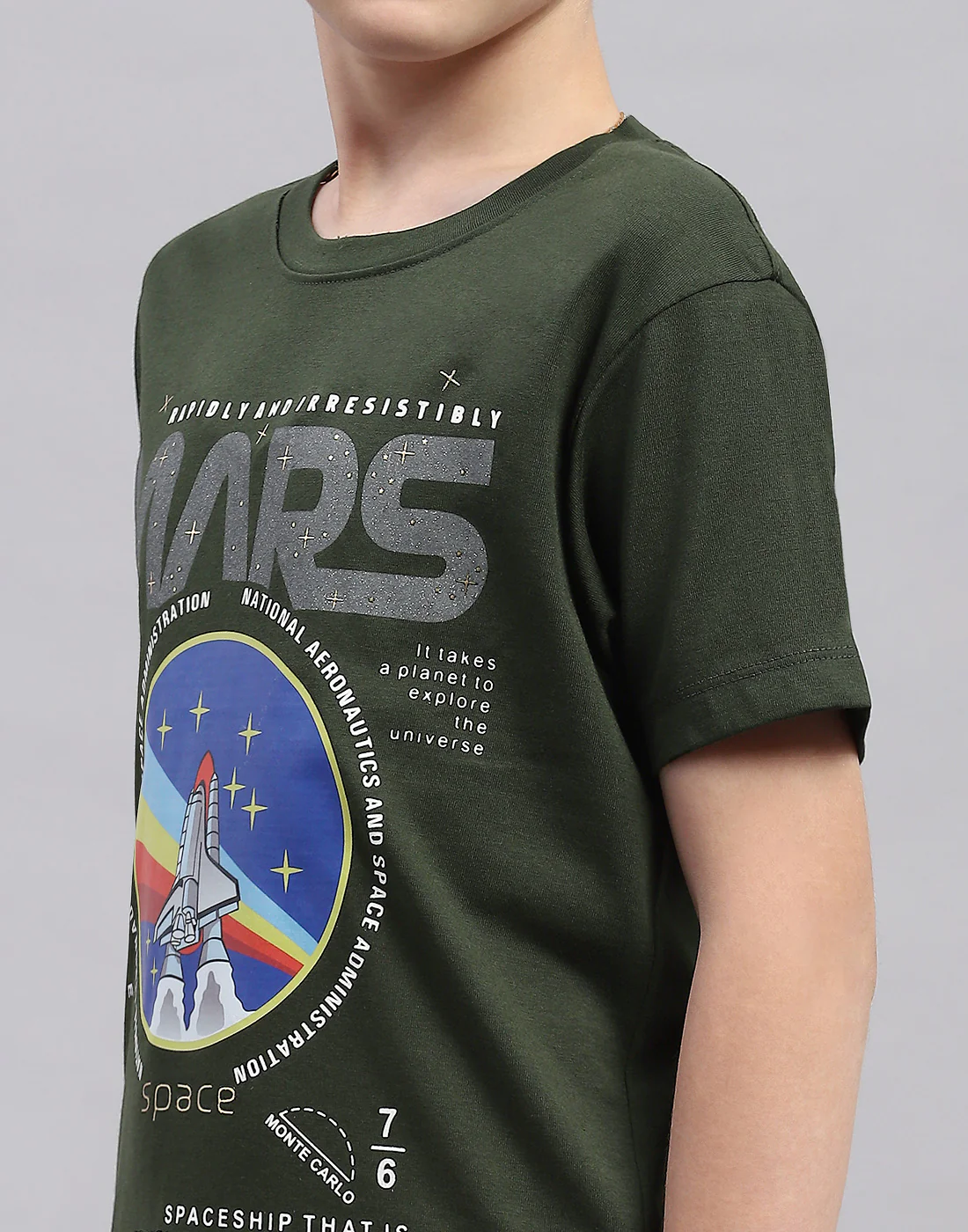 Boys Olive Printed Round Neck Half Sleeve Bermuda Set - Image 6