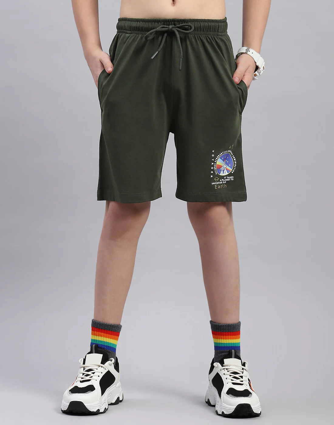 Boys Olive Printed Round Neck Half Sleeve Bermuda Set - Image 7