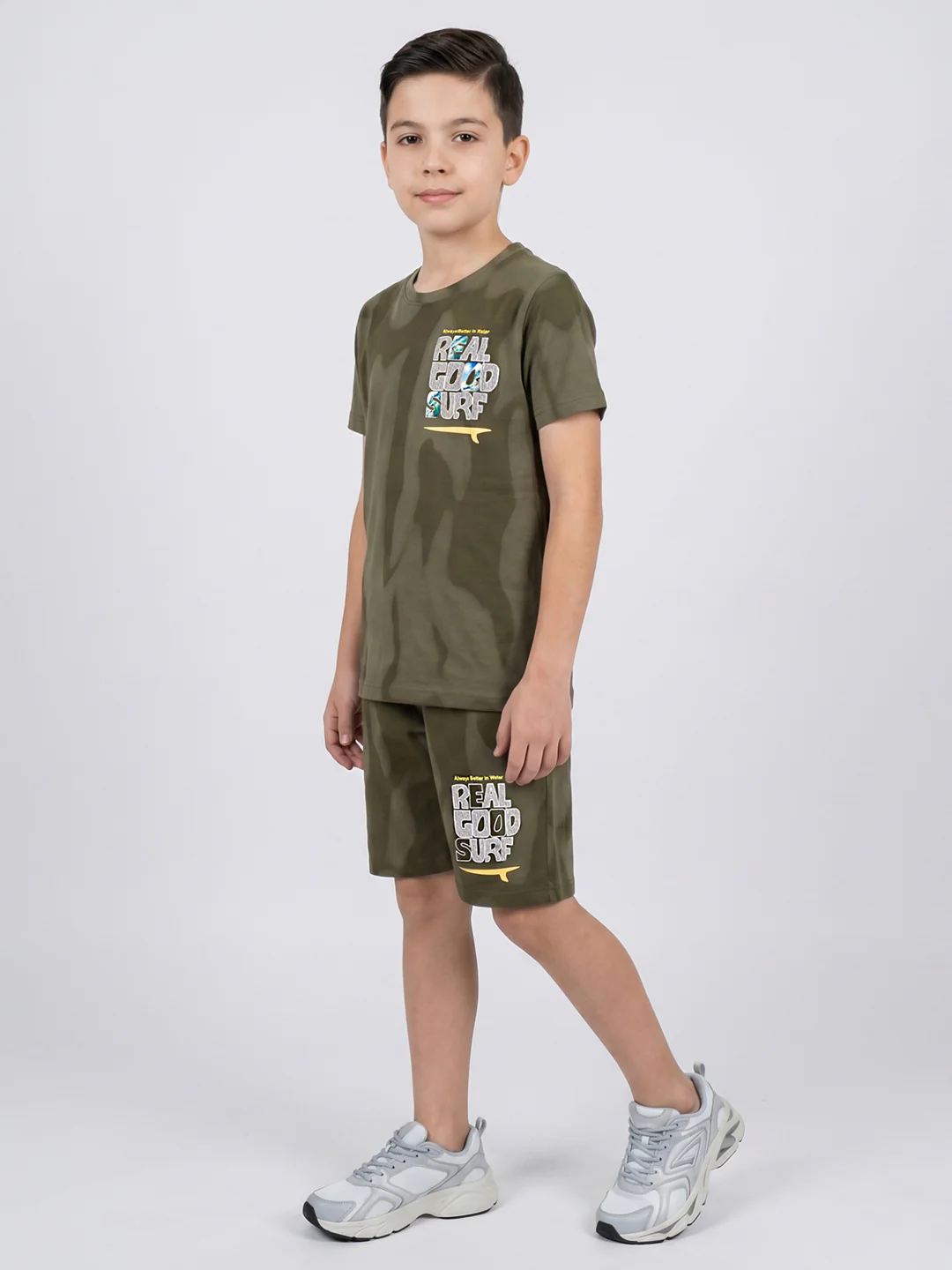 Boys Olive Printed Round Neck Half Sleeve Cords Set - Image 3