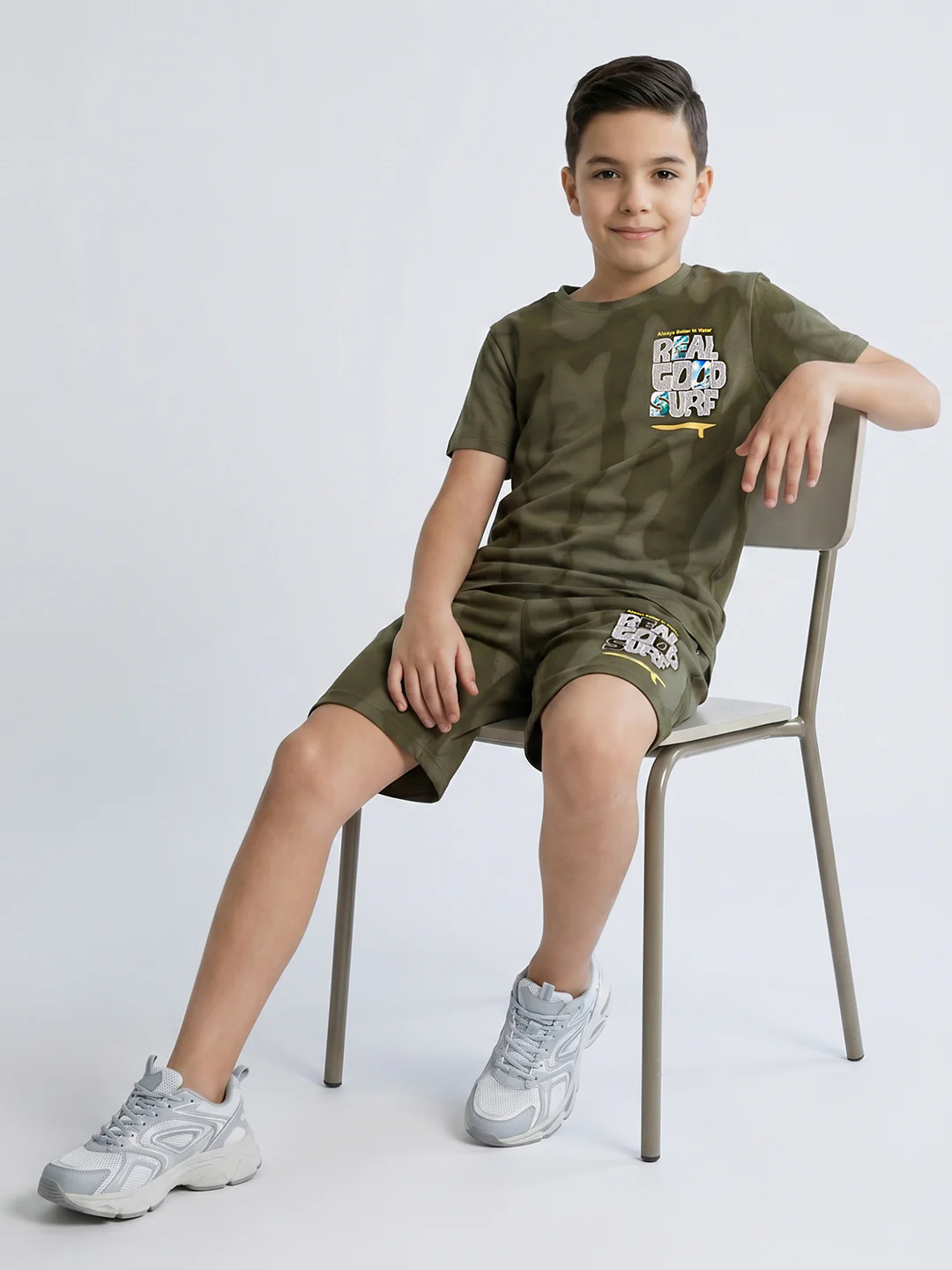 Boys Olive Printed Round Neck Half Sleeve Cords Set - Image 5