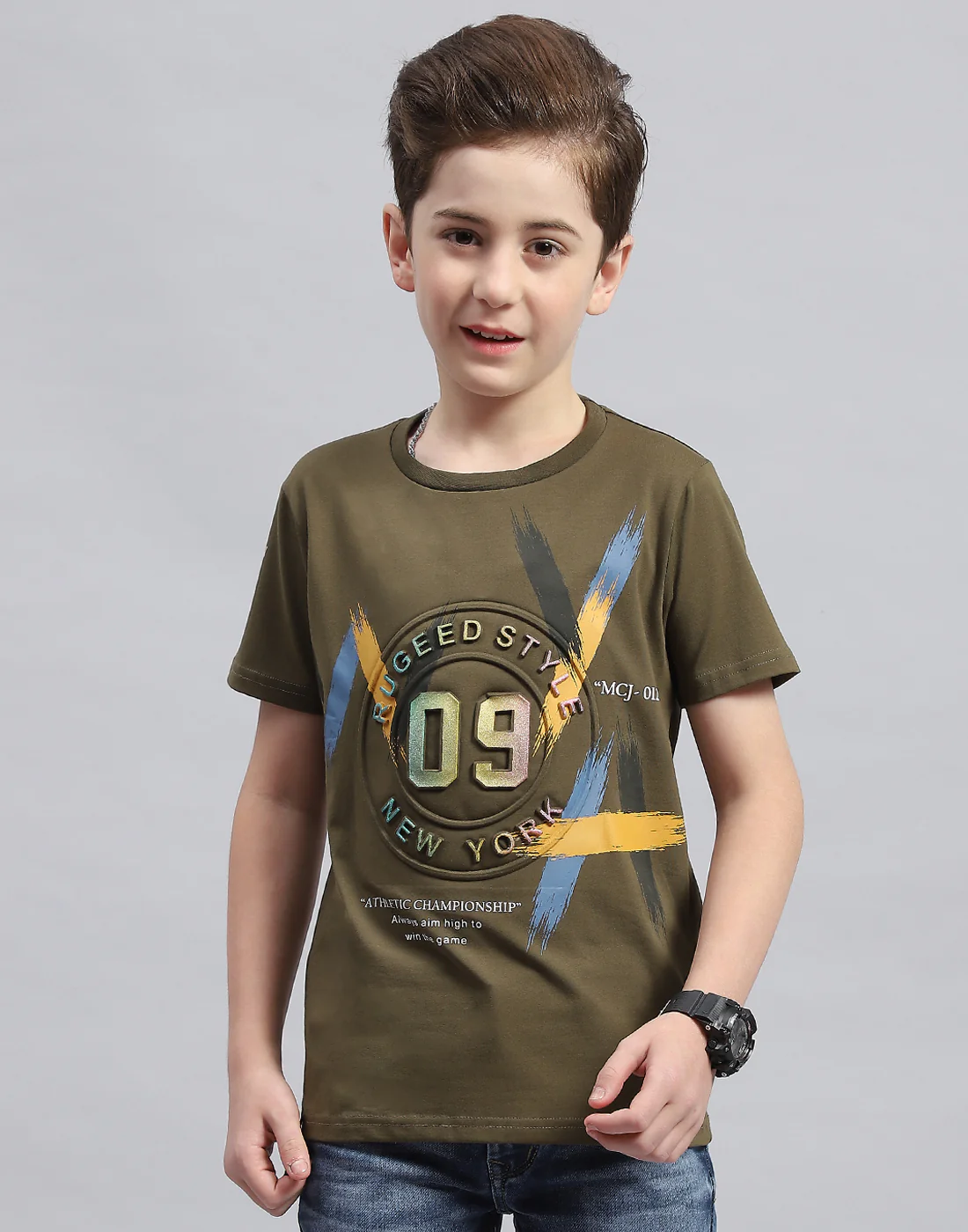 Boys Olive Printed Round Neck Half Sleeve T-Shirt - Image 2
