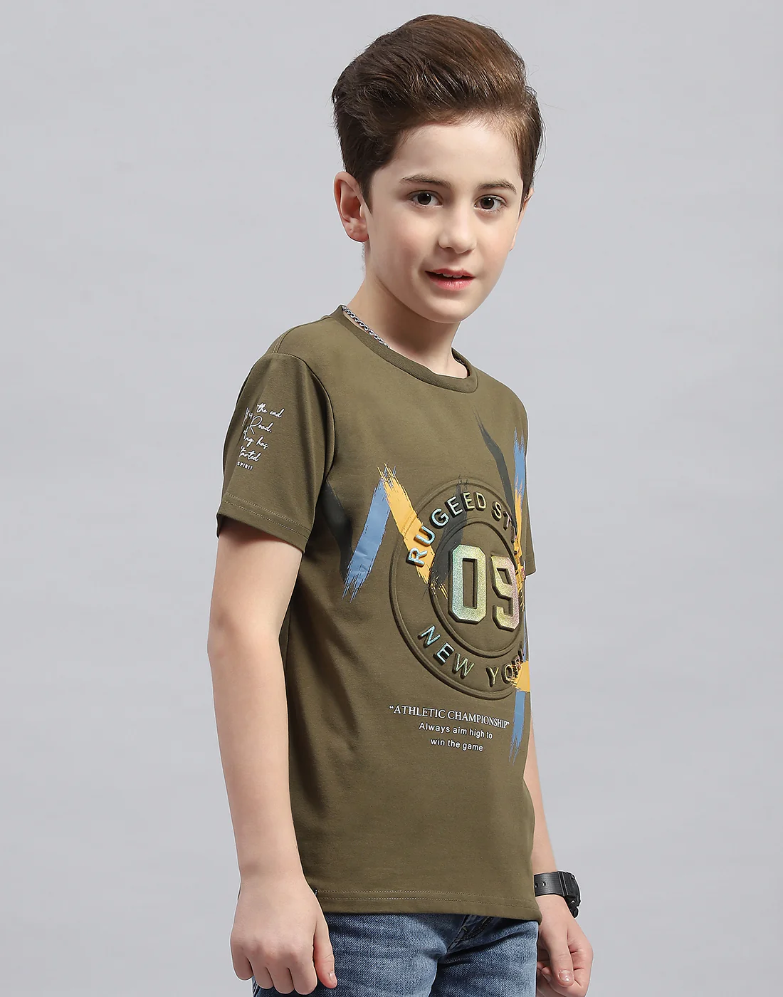 Boys Olive Printed Round Neck Half Sleeve T-Shirt - Image 4