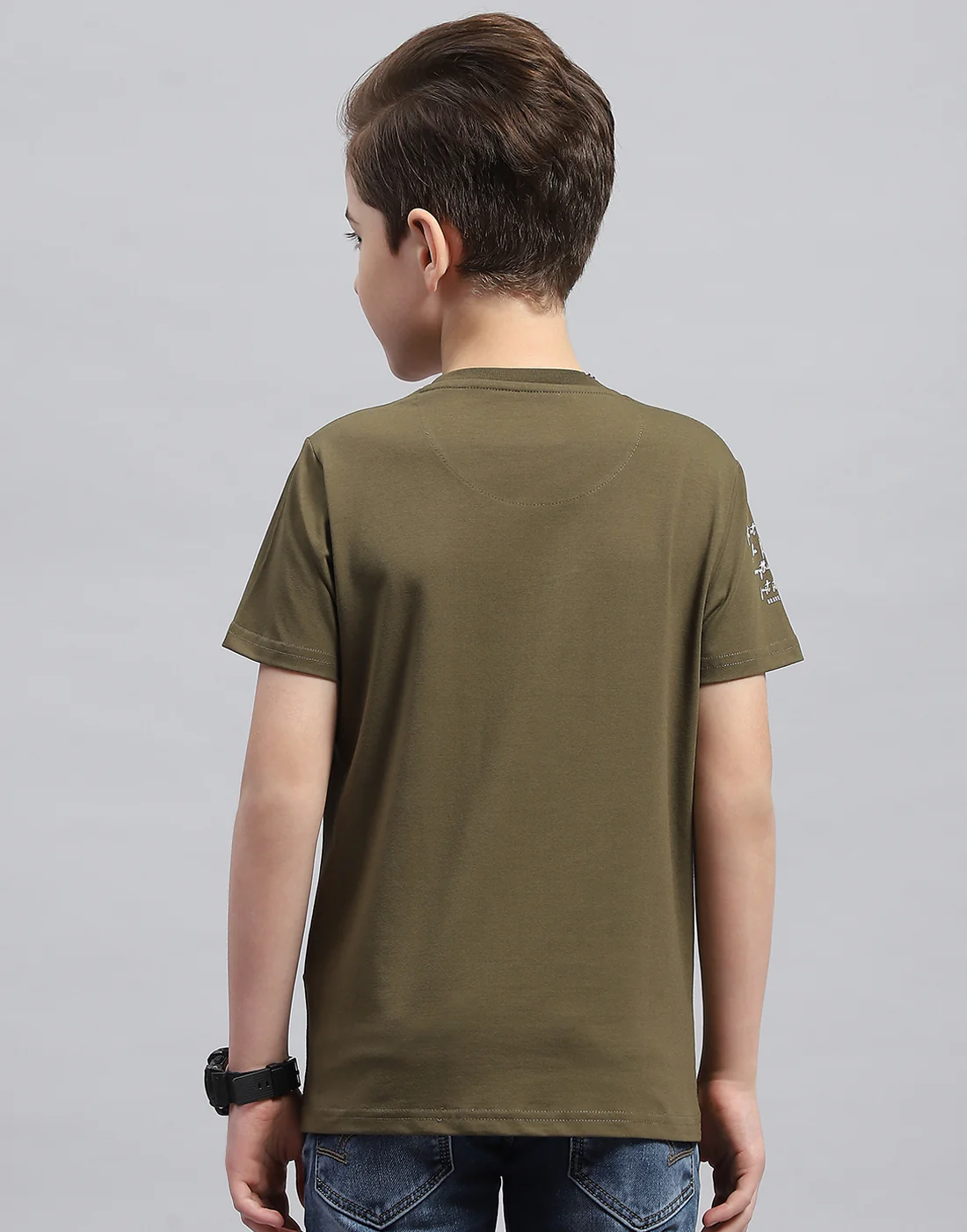 Boys Olive Printed Round Neck Half Sleeve T-Shirt - Image 5
