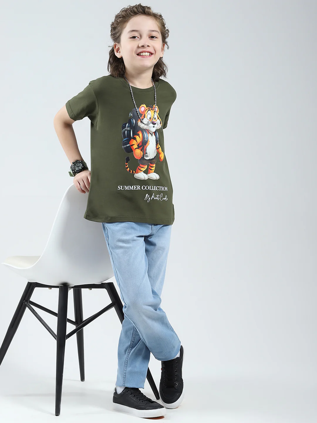 Boys Olive Printed Round Neck Half Sleeve T-Shirt - Image 2