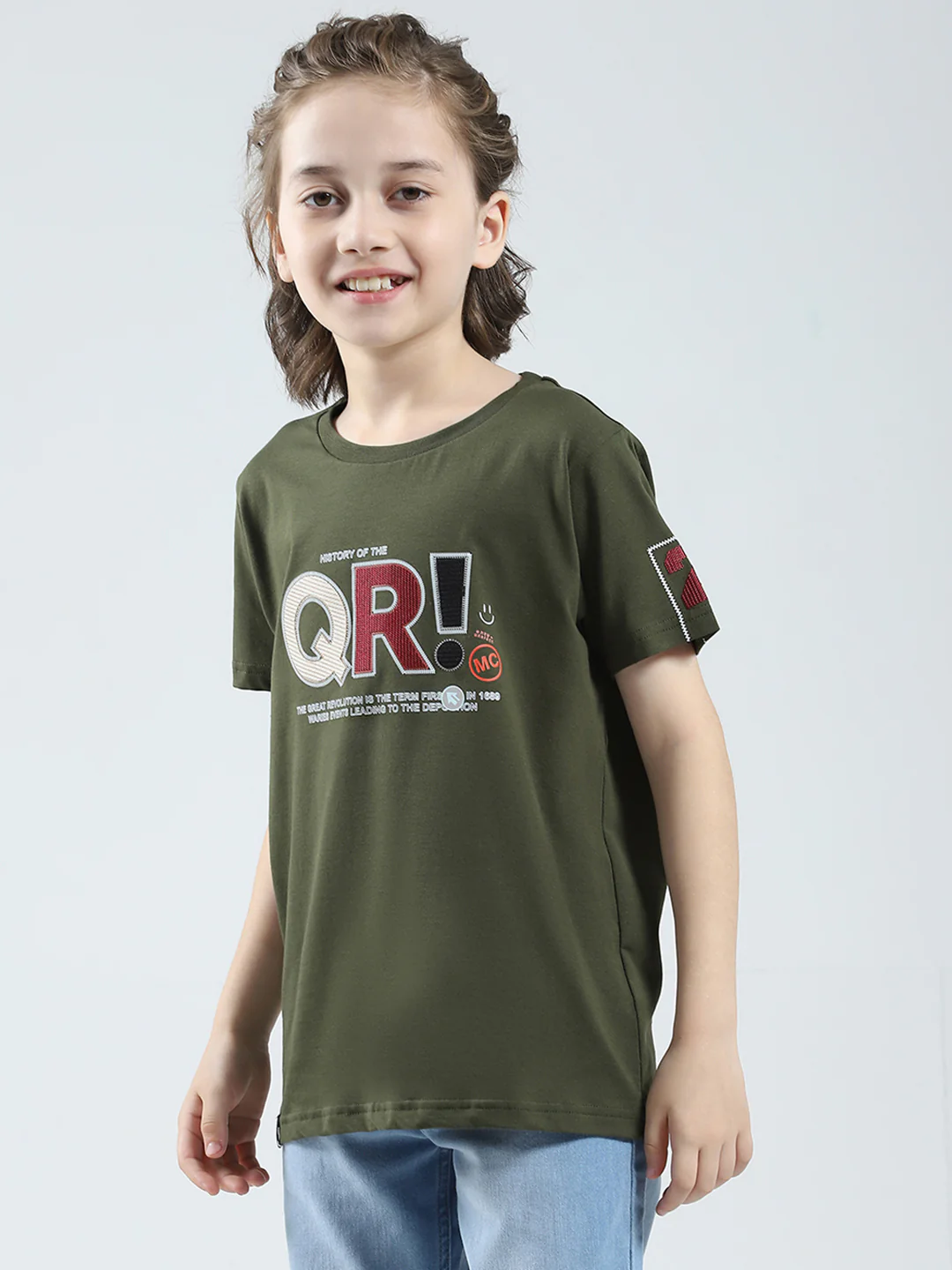 Boys Olive Printed Round Neck Half Sleeve T-Shirt - Image 3
