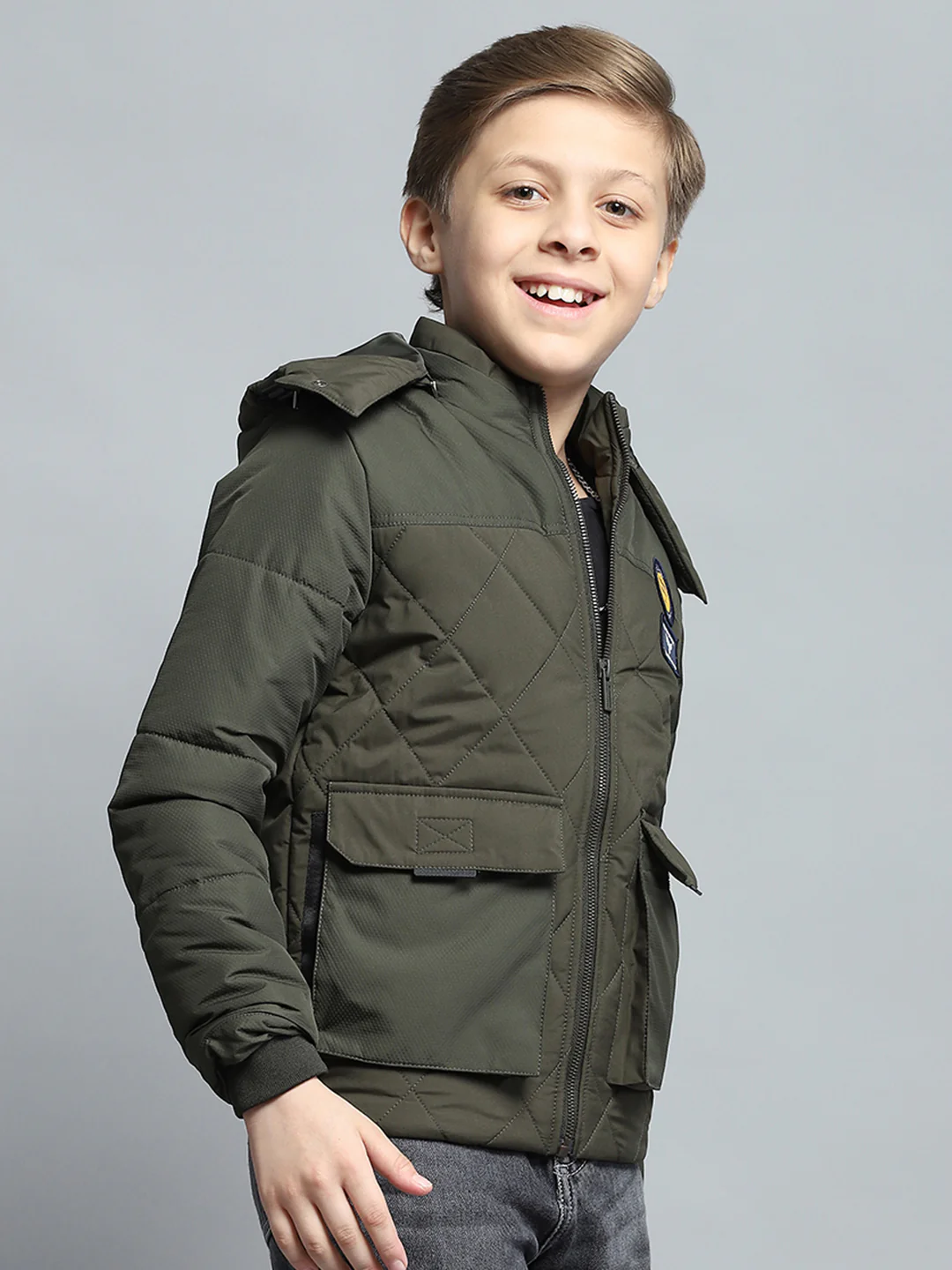 Boys Olive Self Design Detachable Hood Full Sleeve Jacket - Image 4