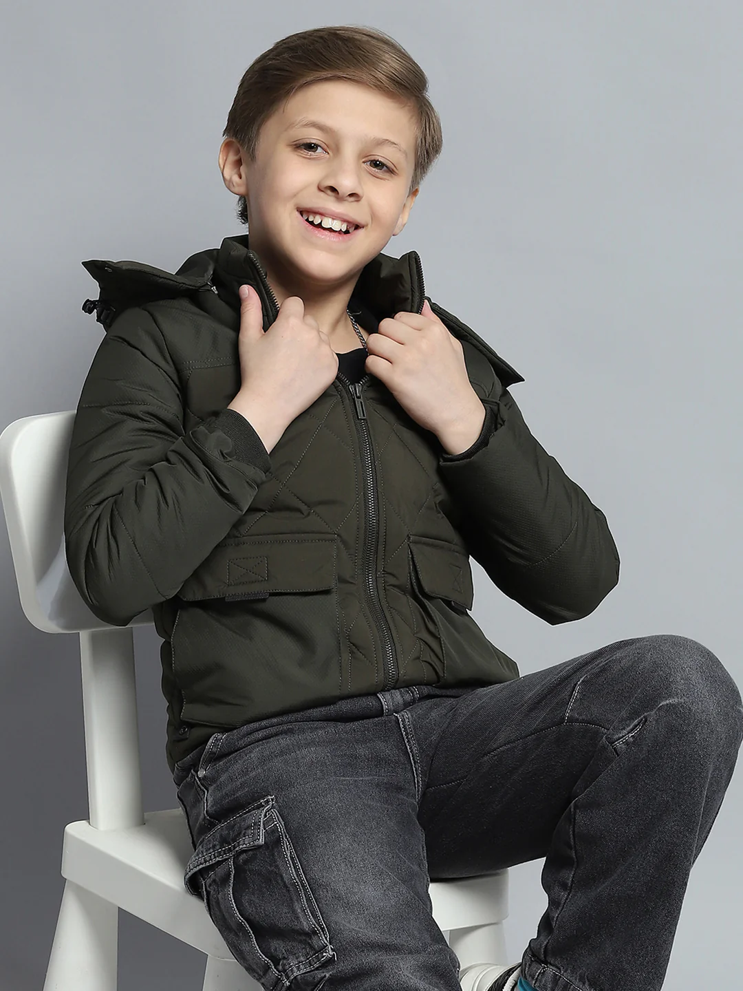 Boys Olive Self Design Detachable Hood Full Sleeve Jacket - Image 6