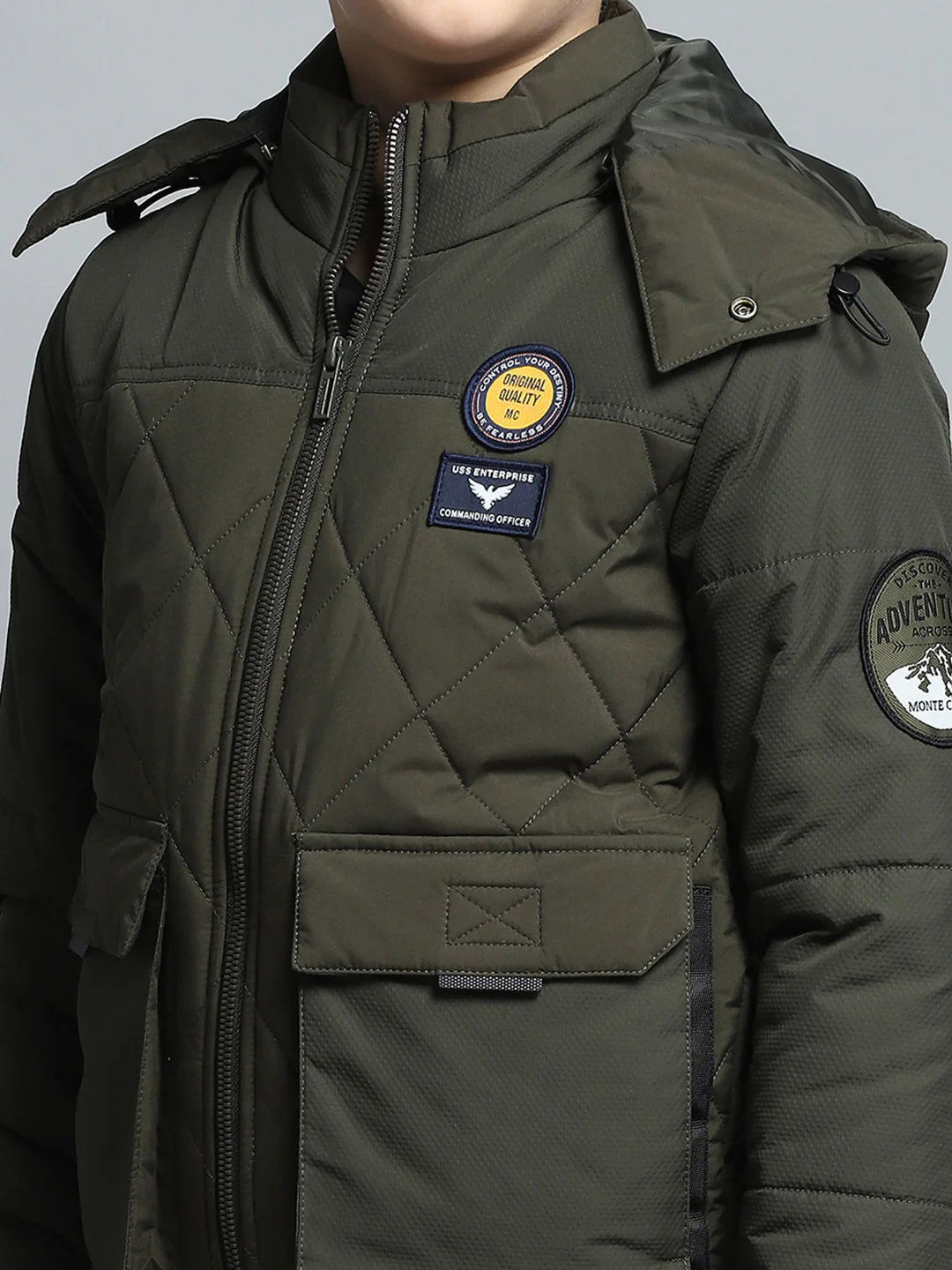 Boys Olive Self Design Detachable Hood Full Sleeve Jacket - Image 7