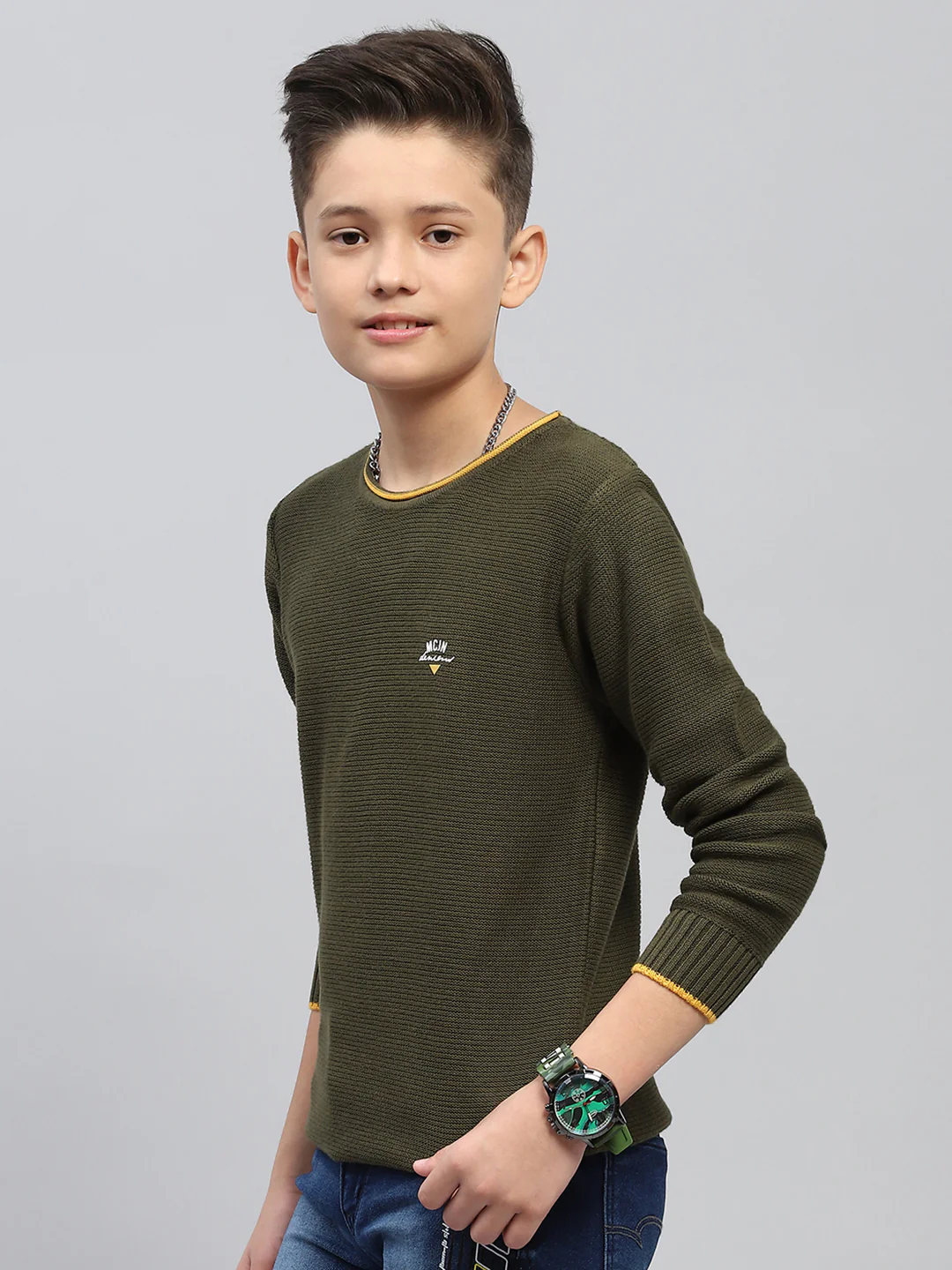 Boys Olive Self Design Round Neck Full Sleeve Pullover - Image 3