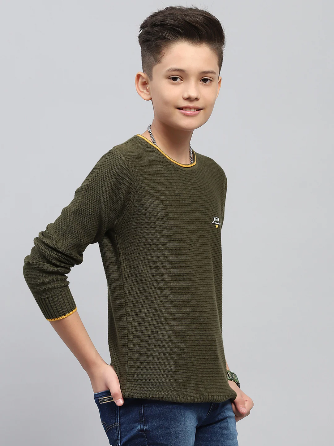 Boys Olive Self Design Round Neck Full Sleeve Pullover - Image 4