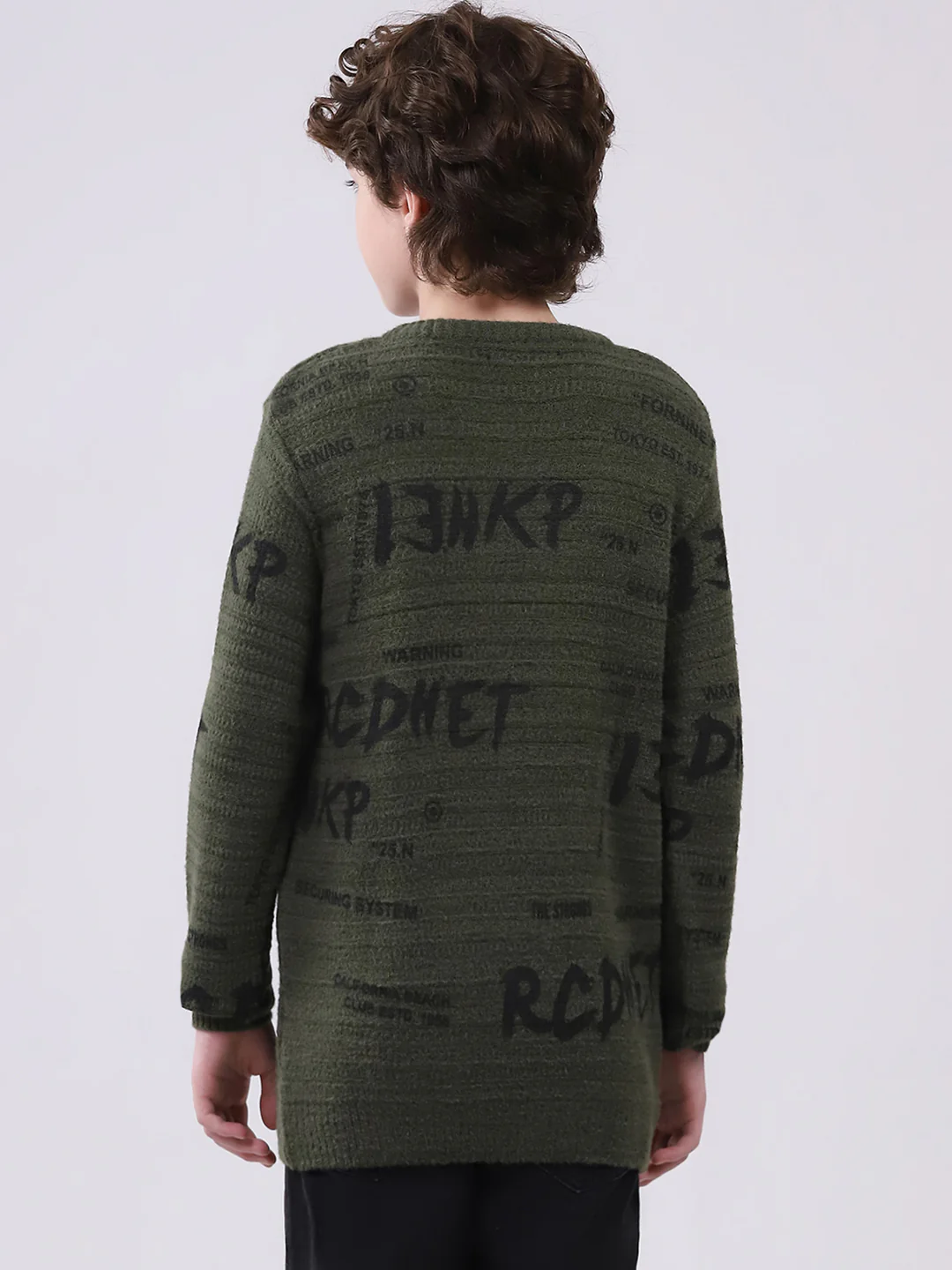 Boys Olive Self Design Round Neck Full Sleeve Pullover - Image 5