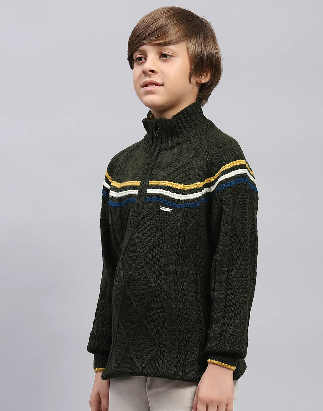 Boys Olive Self Design Turtle Neck Full Sleeve Pullover - Image 3