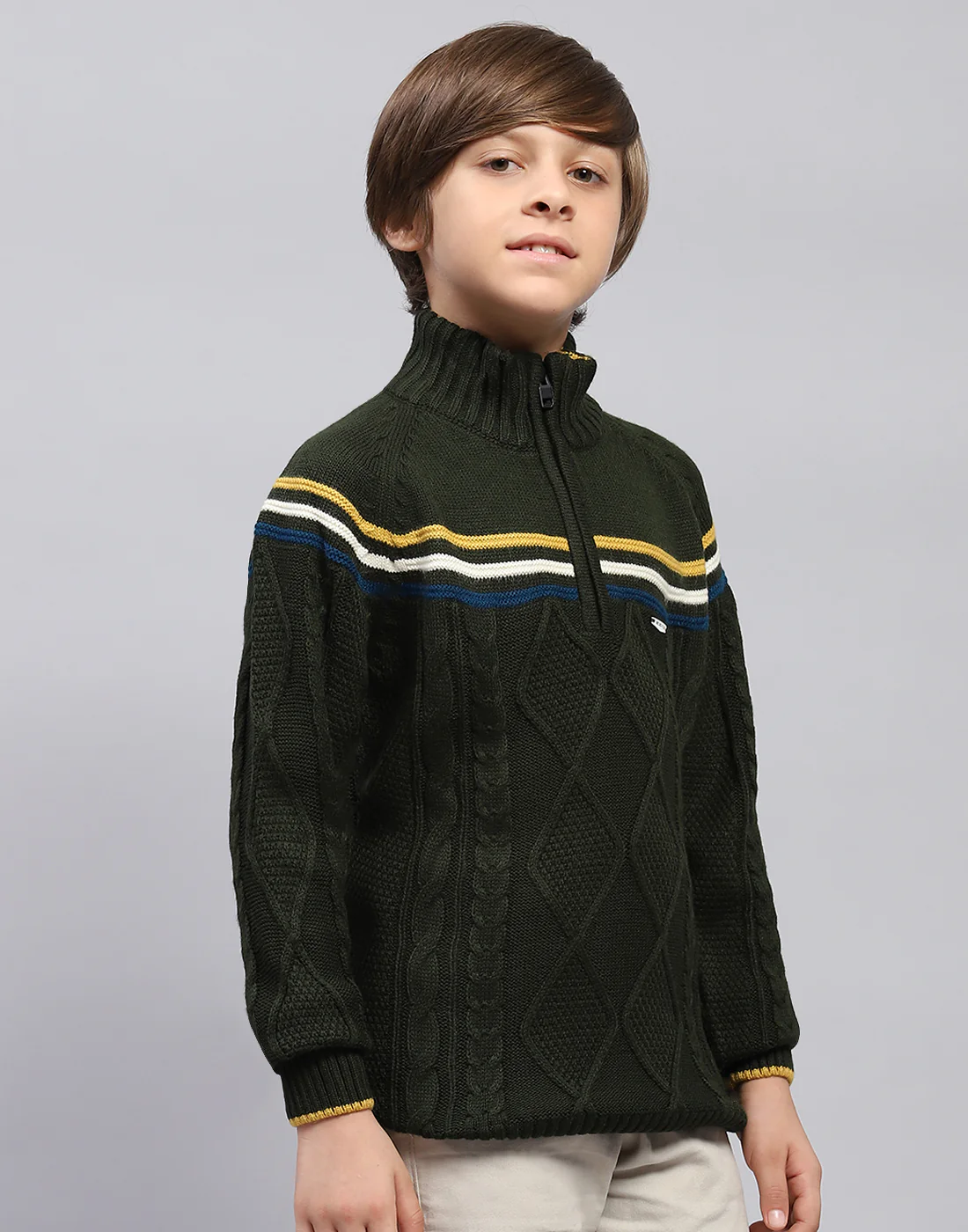 Boys Olive Self Design Turtle Neck Full Sleeve Pullover - Image 4