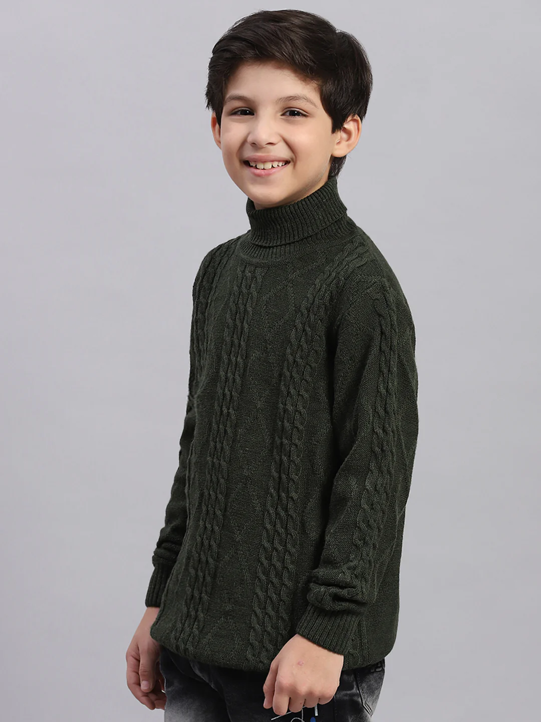 Boys Olive Self Design T Neck Full Sleeve Sweater - Image 5