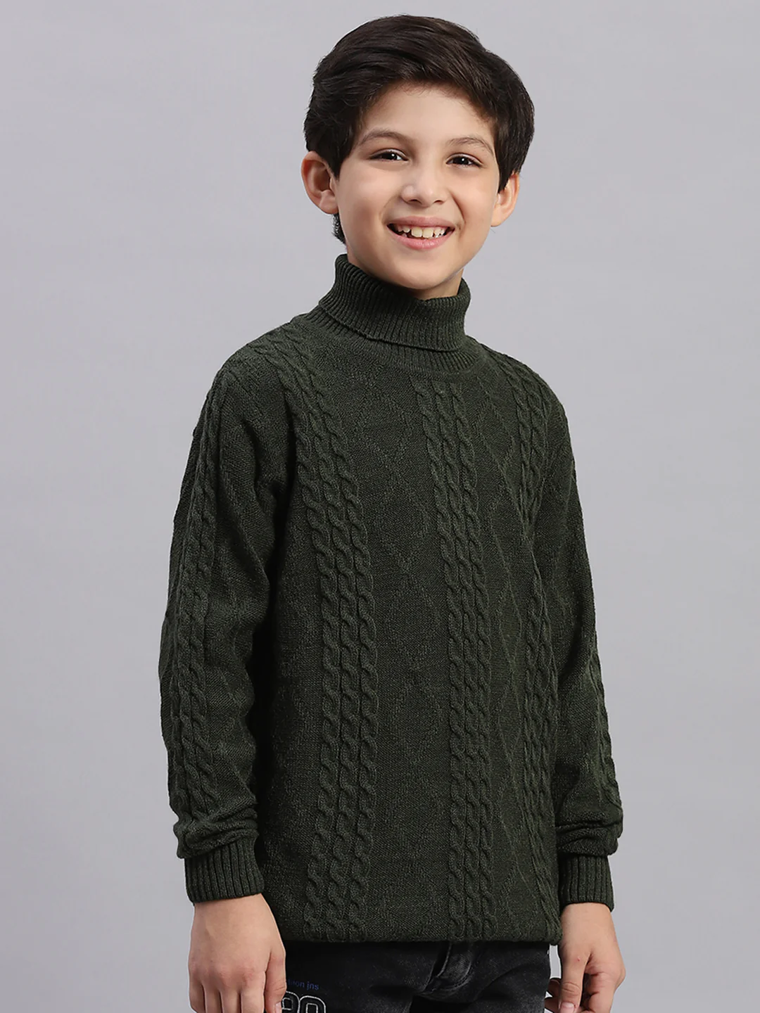 Boys Olive Self Design T Neck Full Sleeve Sweater - Image 6