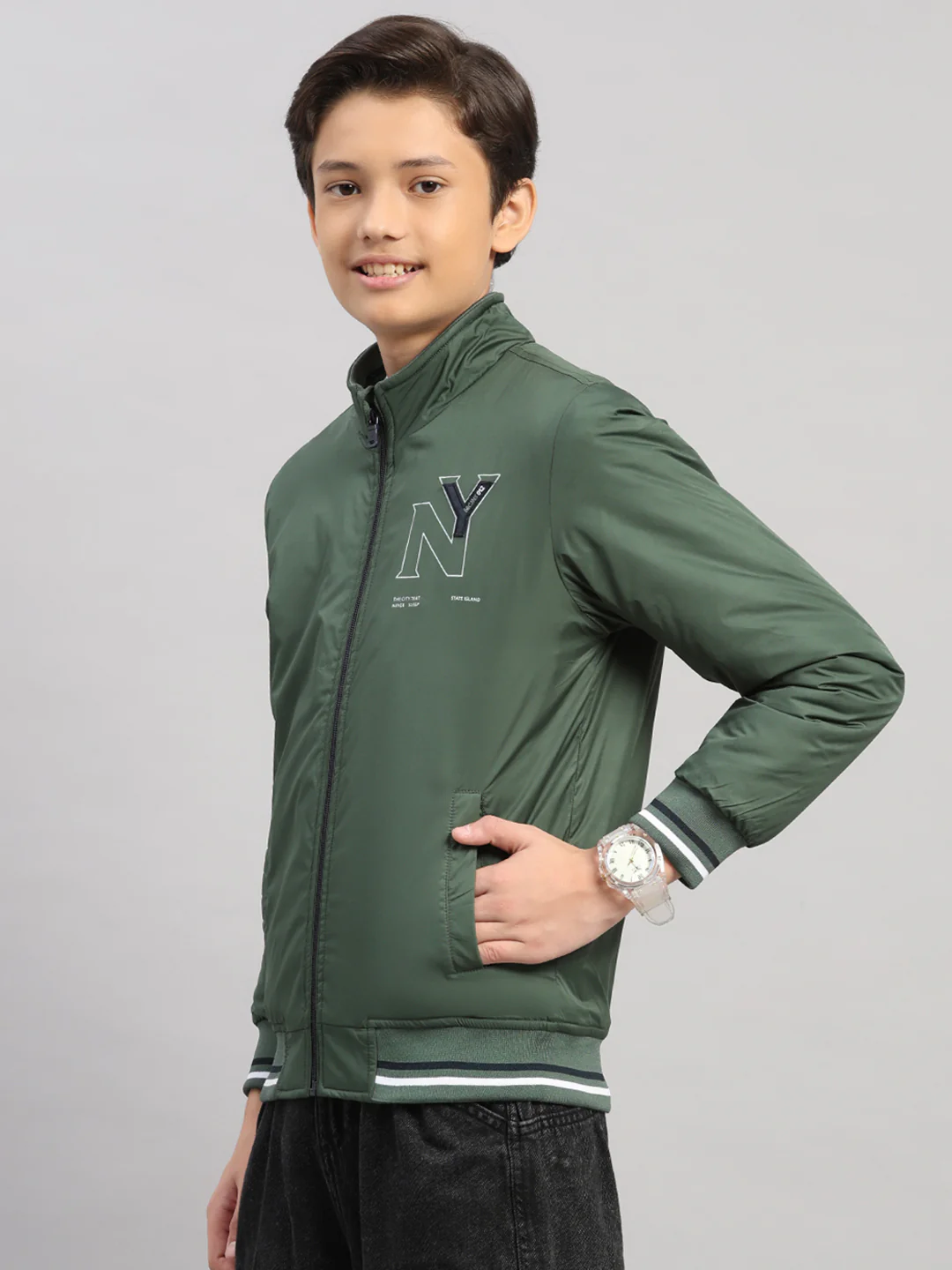 Boys Olive Solid Collar Full Sleeve Jacket - Image 3