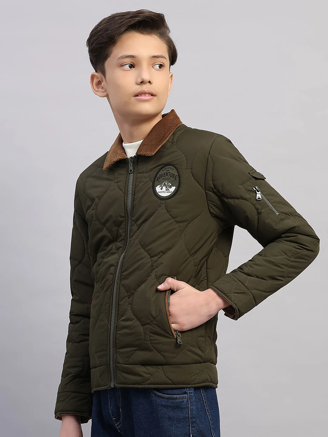 Boys Olive Solid Collar Full Sleeve Reversible Shacket - Image 3