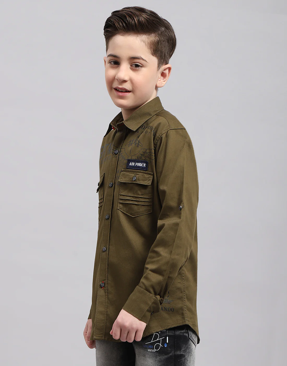 Boys Olive Solid Collar Full Sleeve Shirt - Image 3