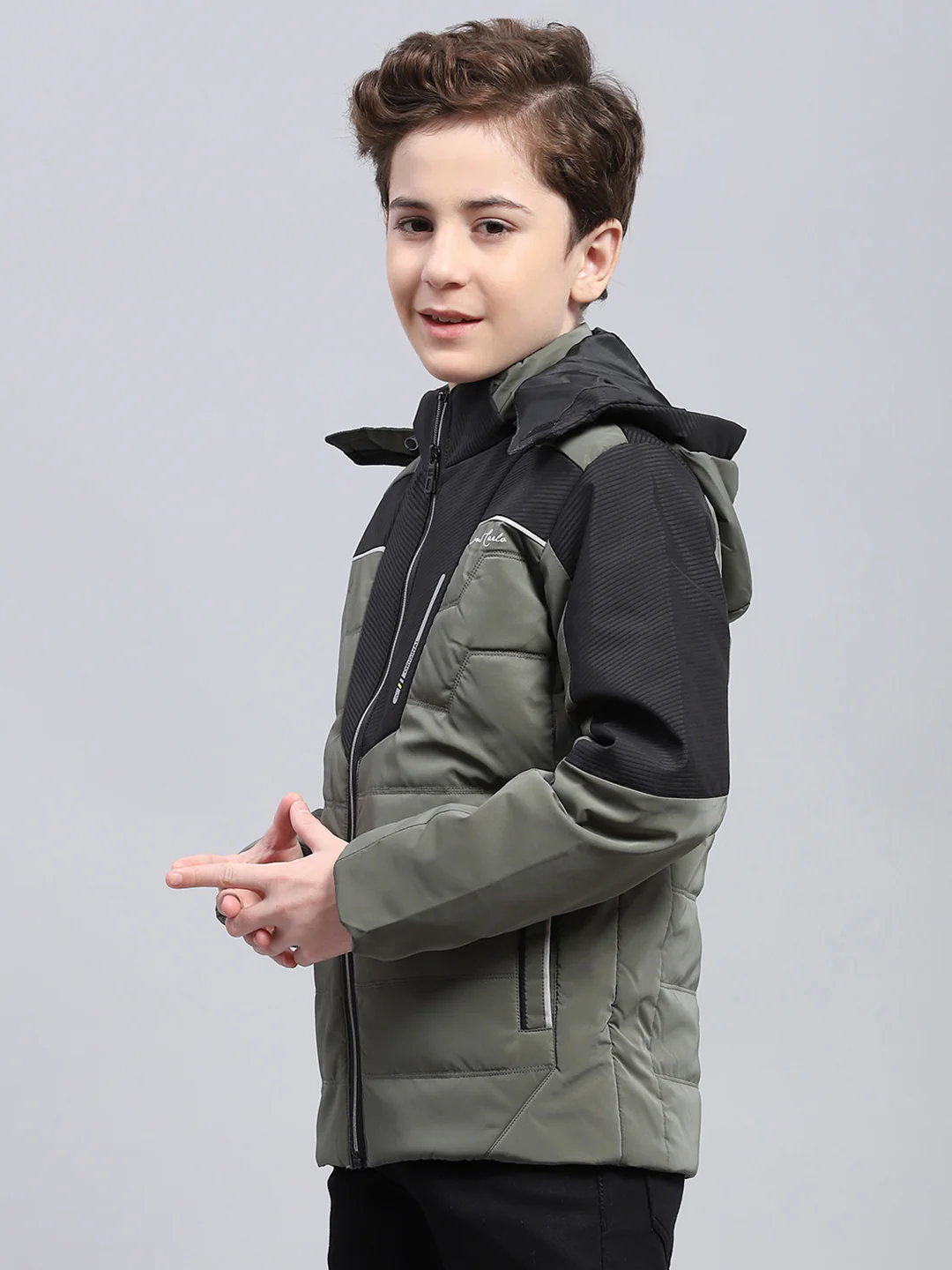 Boys Olive Solid Detachable Hood Full Sleeve Jacket - Image 3