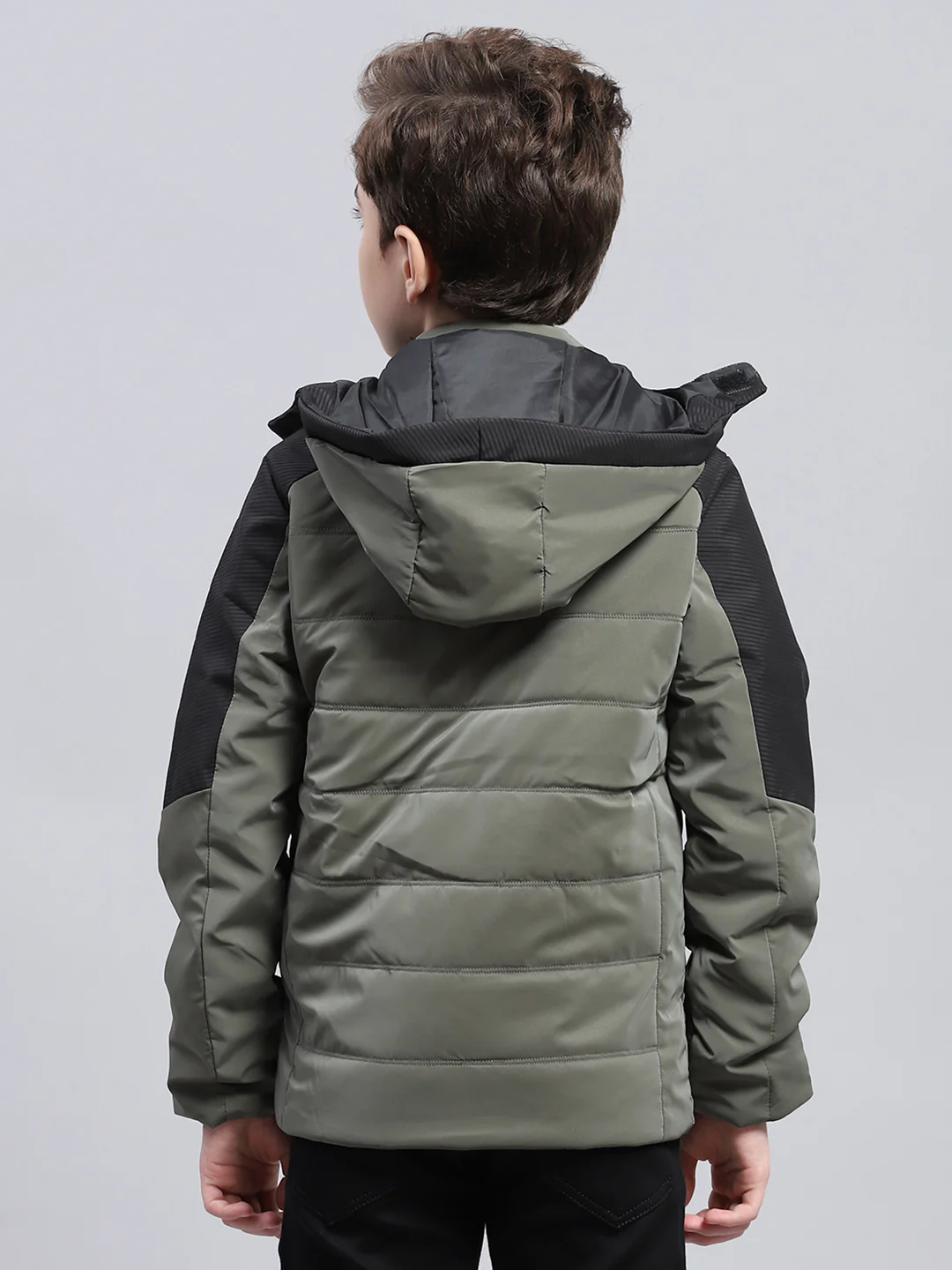 Boys Olive Solid Detachable Hood Full Sleeve Jacket - Image 5