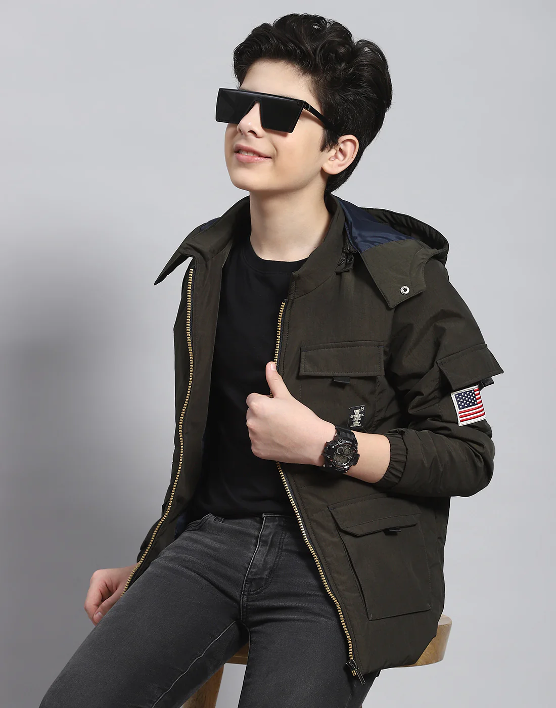 Boys Olive Solid Hooded Full Sleeve Boys Jacket - Image 6