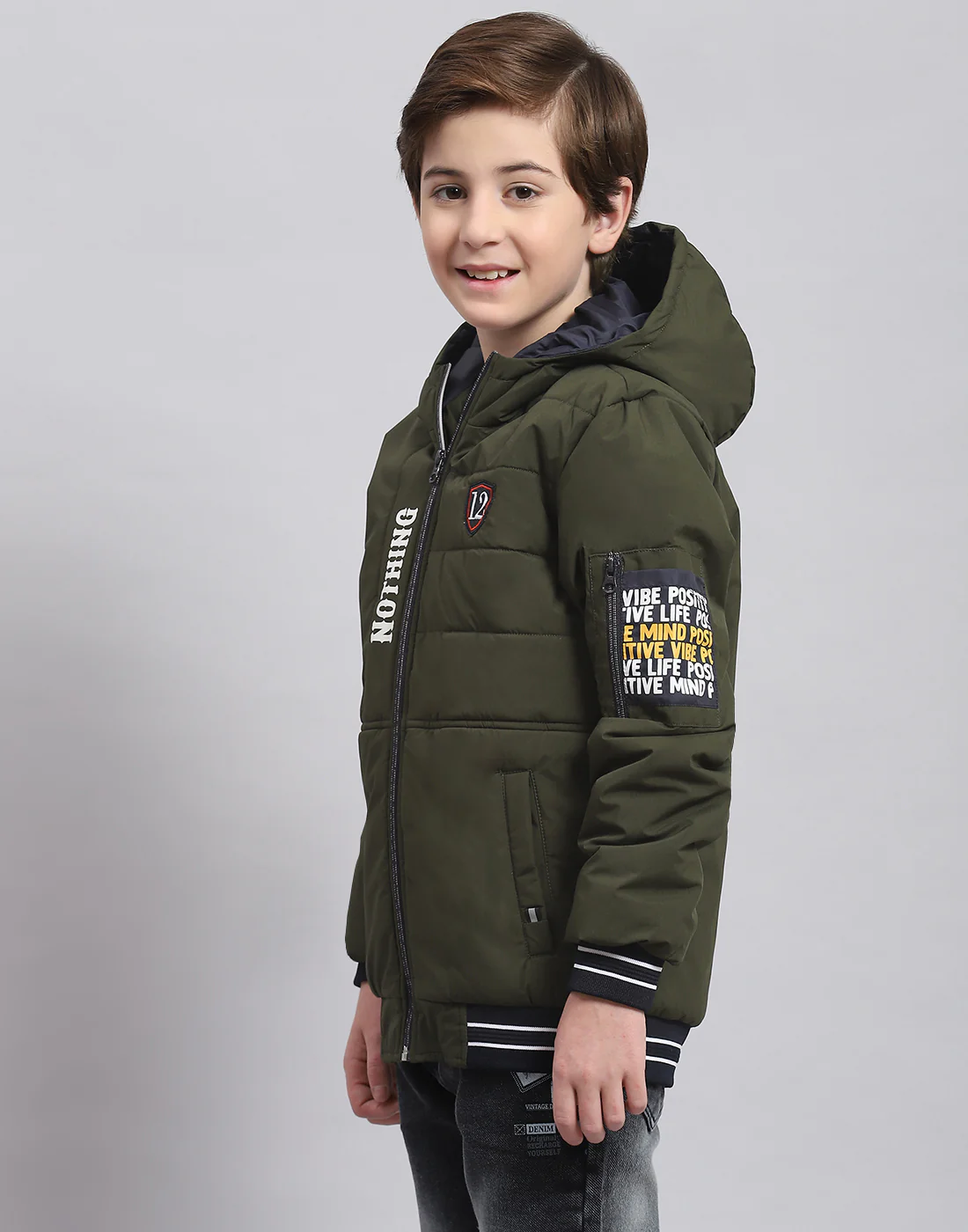 Boys Olive Solid Hooded Full Sleeve Boys Jacket - Image 3