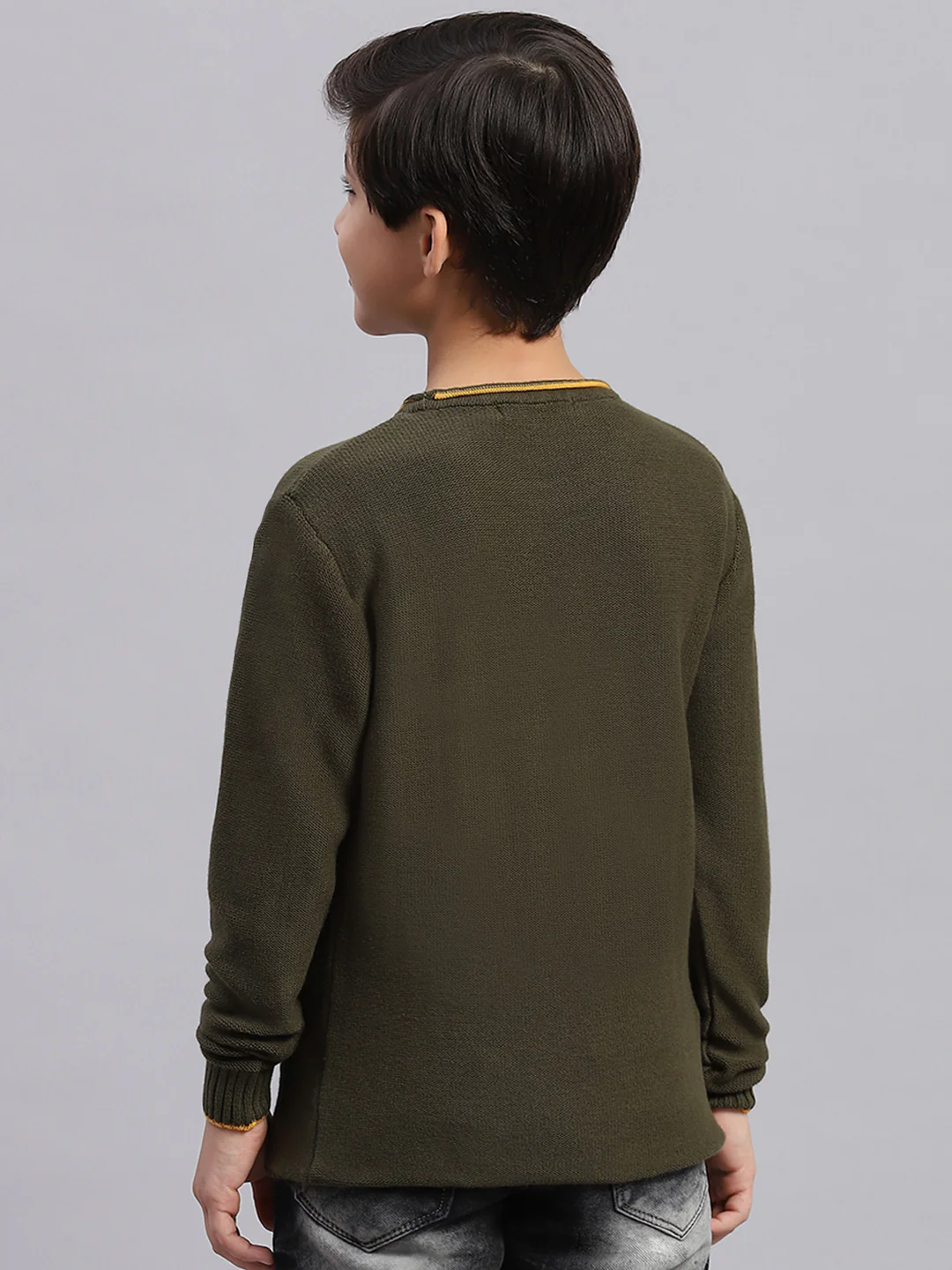 Boys Olive Solid Round Neck Full Sleeve Sweater - Image 4